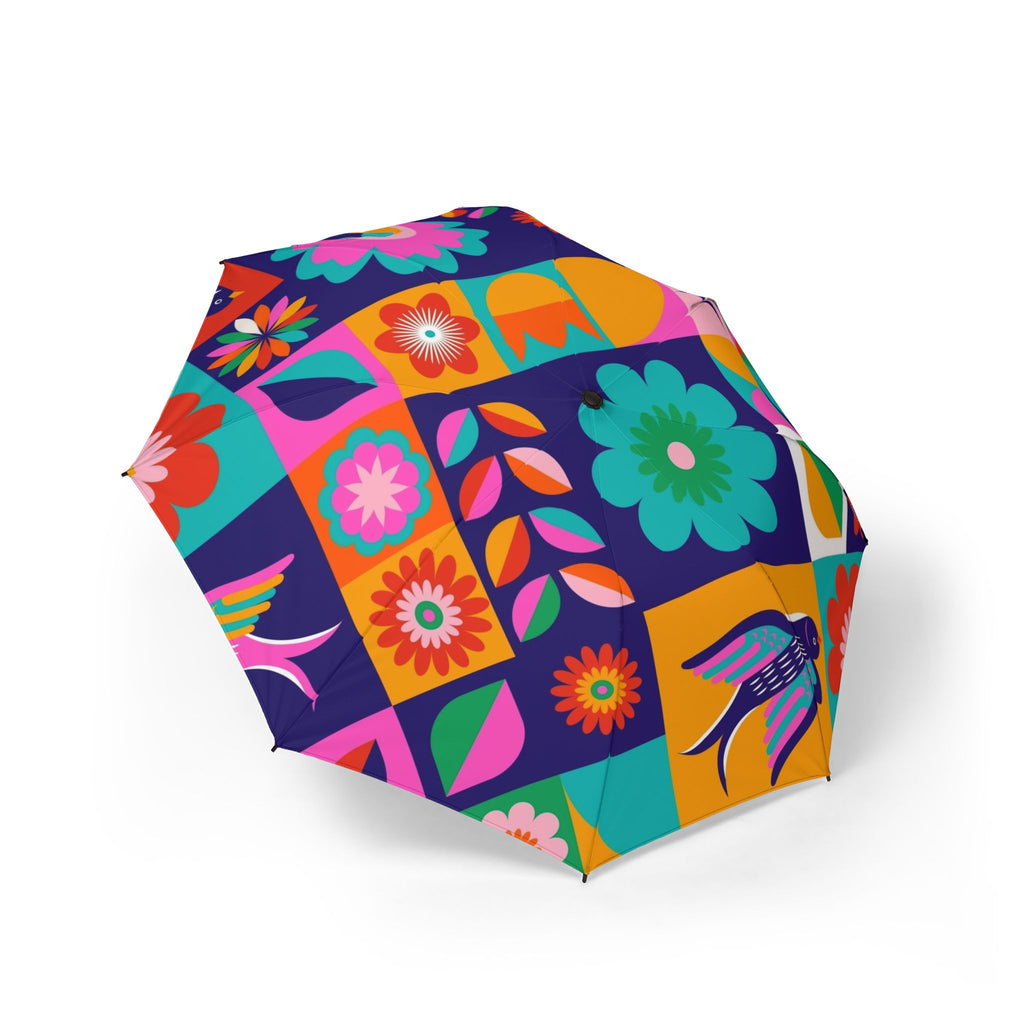 Foldable Umbrella — Colorful Retro Floral & Bird Print, Compact Semi-Automatic Travel Umbrella