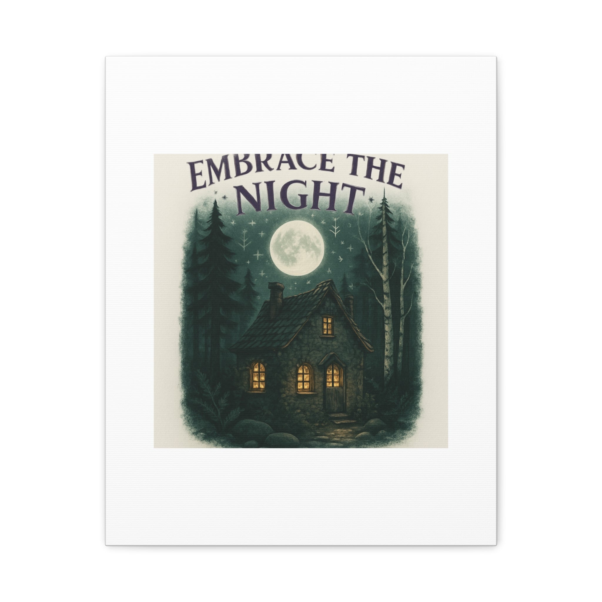 Embrace the Night Cottage Canvas Print — Moonlit Forest Wall Art