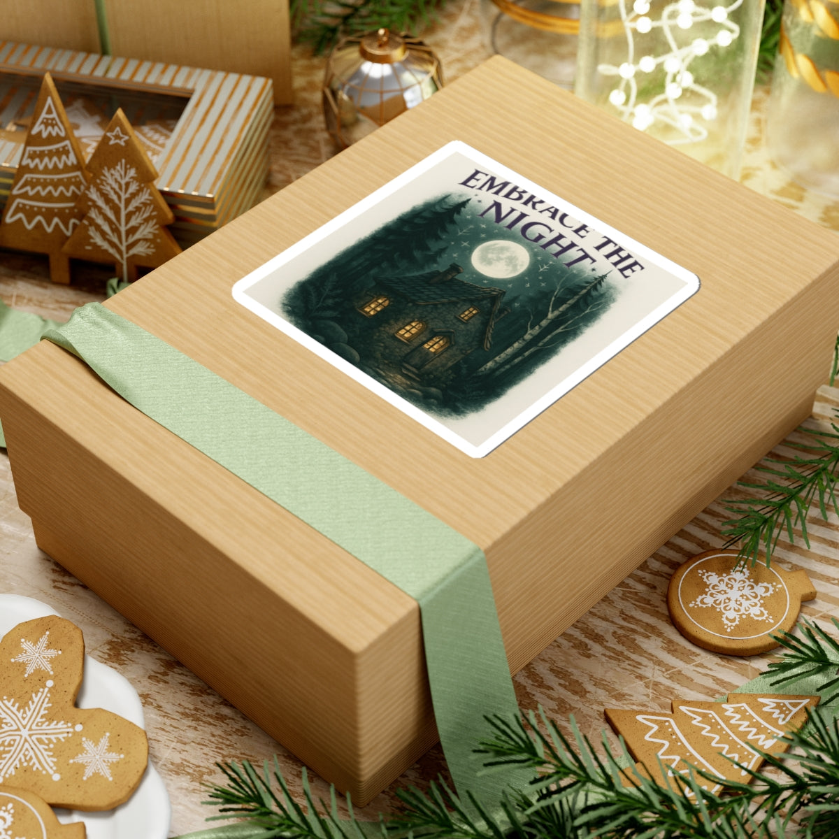 Embrace the Night Sticker — Moonlit Cabin Kiss-Cut Sticker