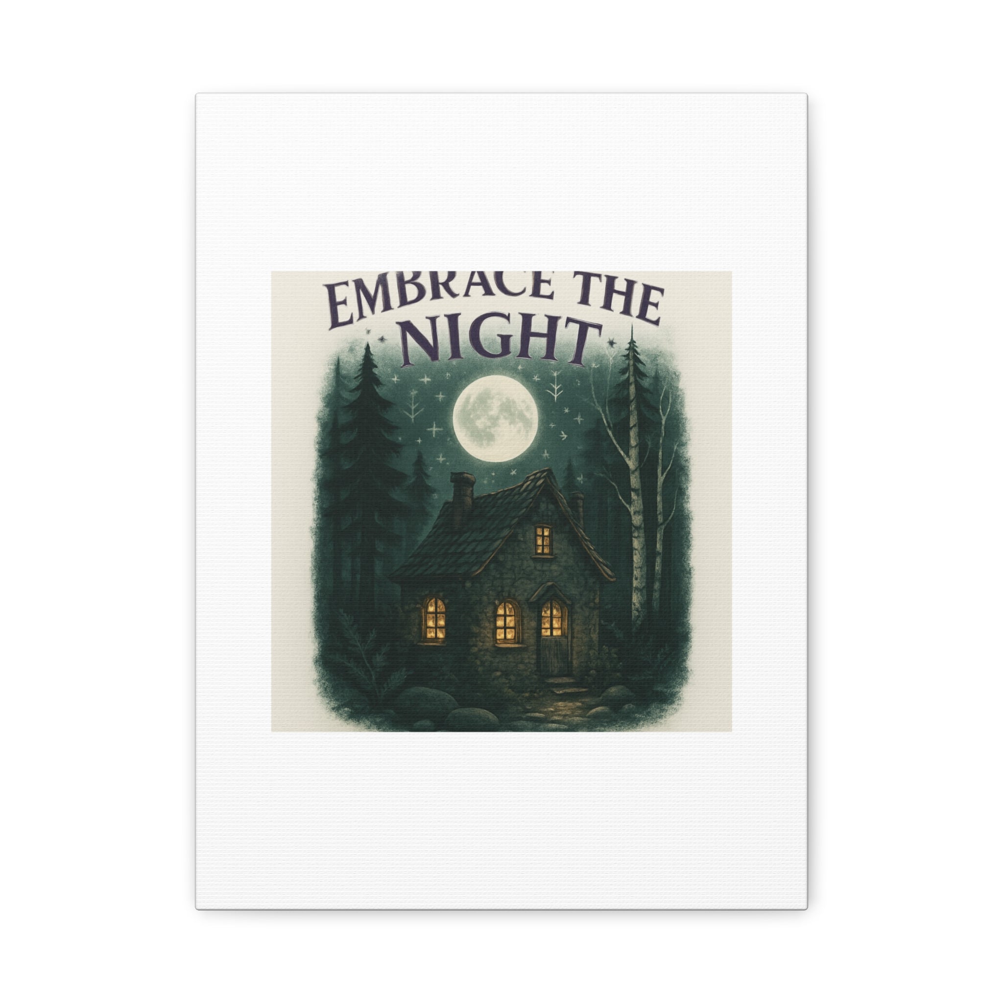 Embrace the Night Cottage Canvas Print — Moonlit Forest Wall Art