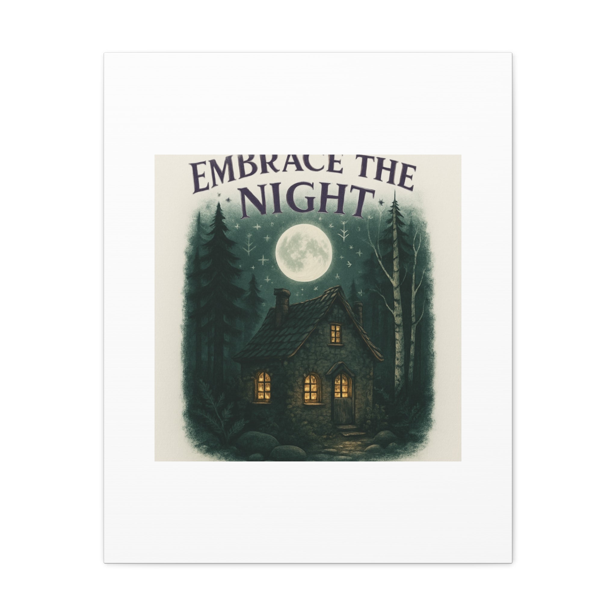 Embrace the Night Cottage Canvas Print — Moonlit Forest Wall Art