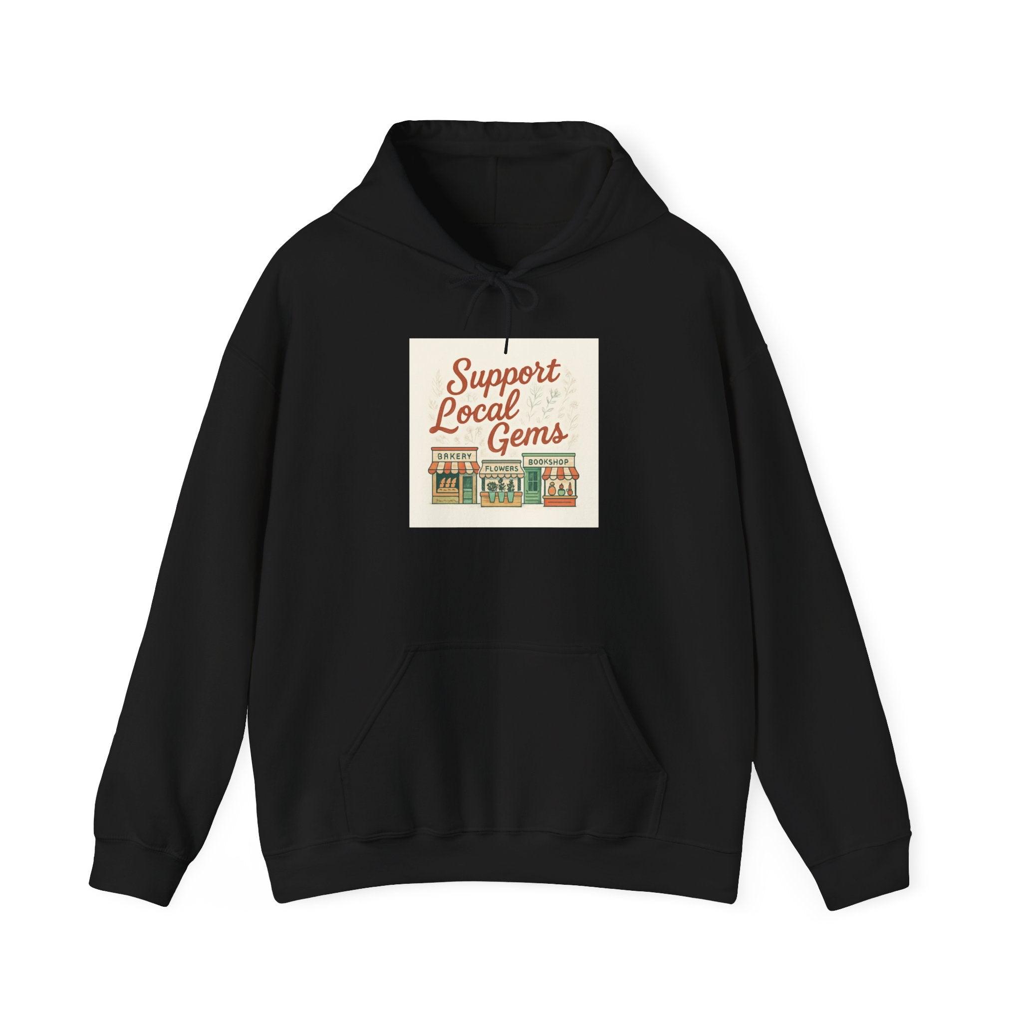 Hoodie — "Support Local Gems" Small Business Vintage Shop Graphic