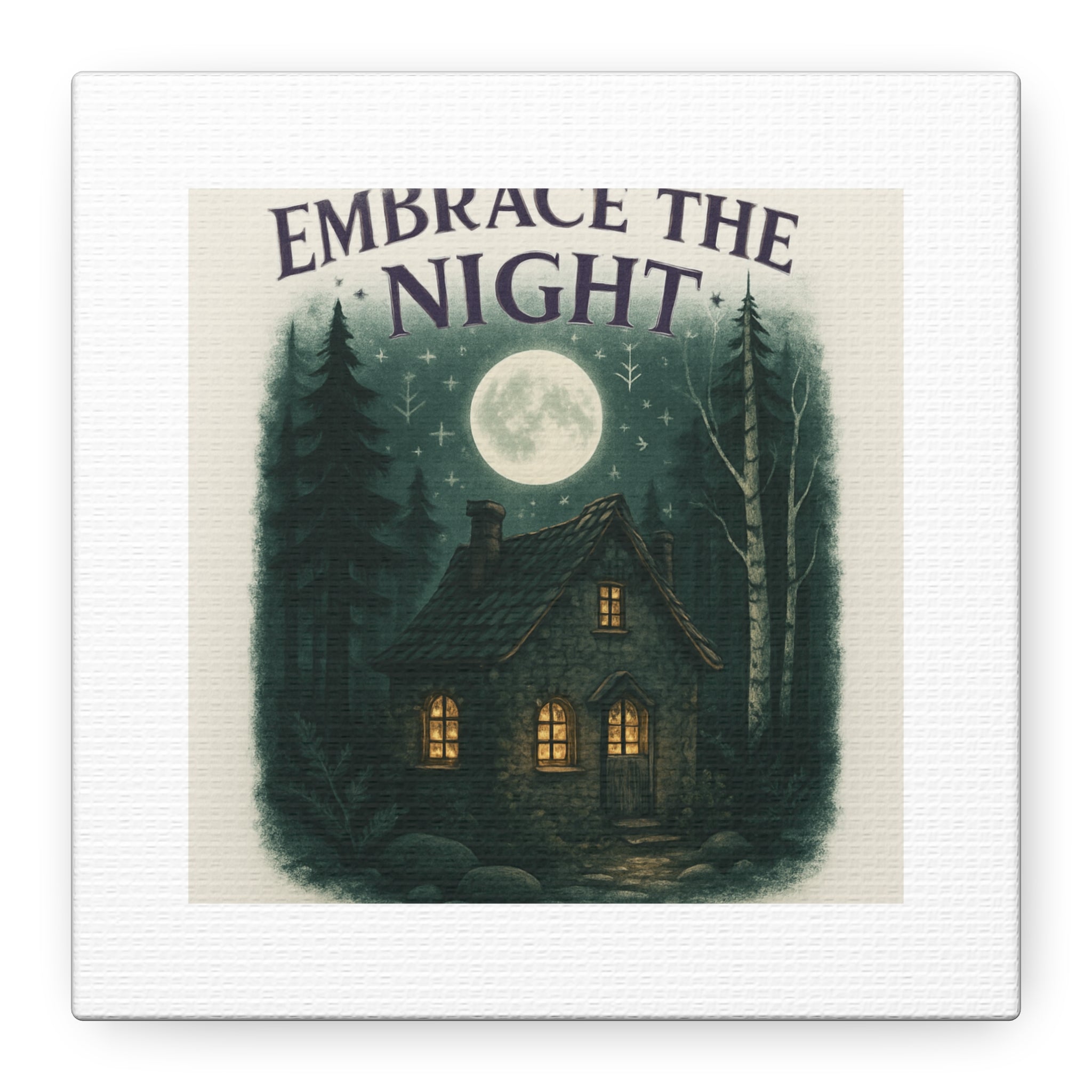 Embrace the Night Cottage Canvas Print — Moonlit Forest Wall Art