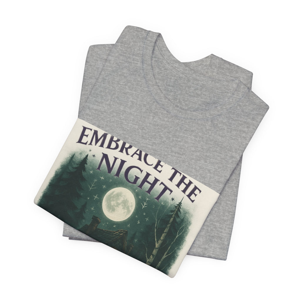 Embrace the Night Tee — Moonlit Cabin Graphic T-Shirt