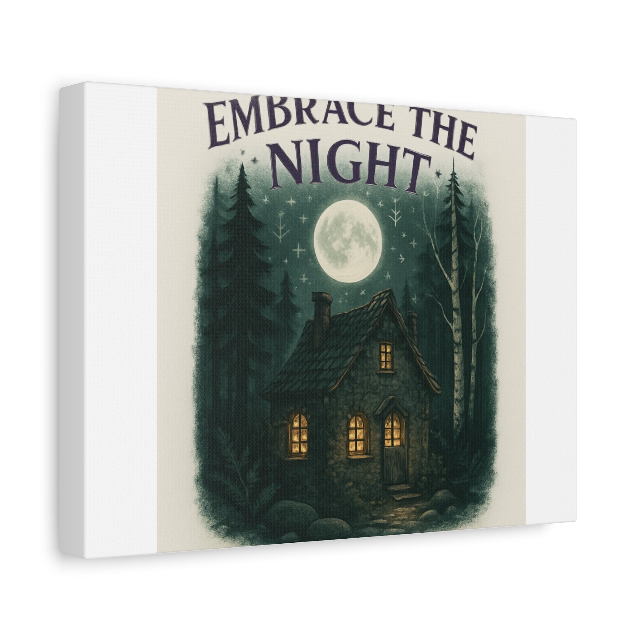 Embrace the Night Cottage Canvas Print — Moonlit Forest Wall Art