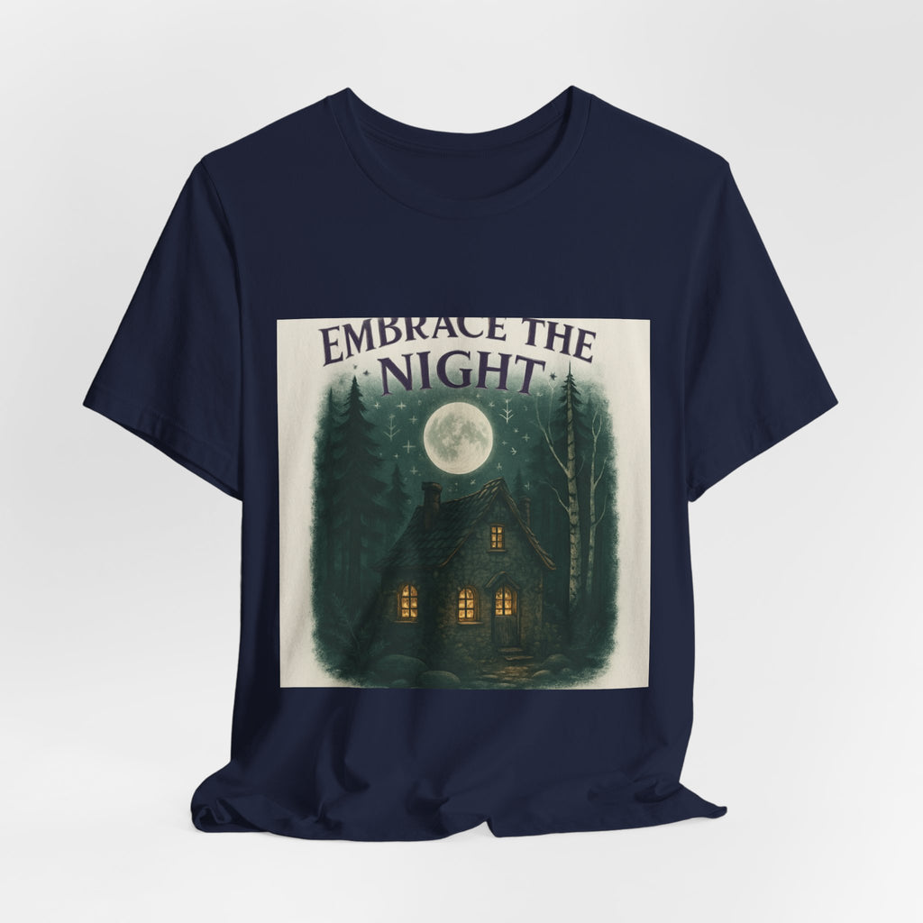 Embrace the Night Tee — Moonlit Cabin Graphic T-Shirt