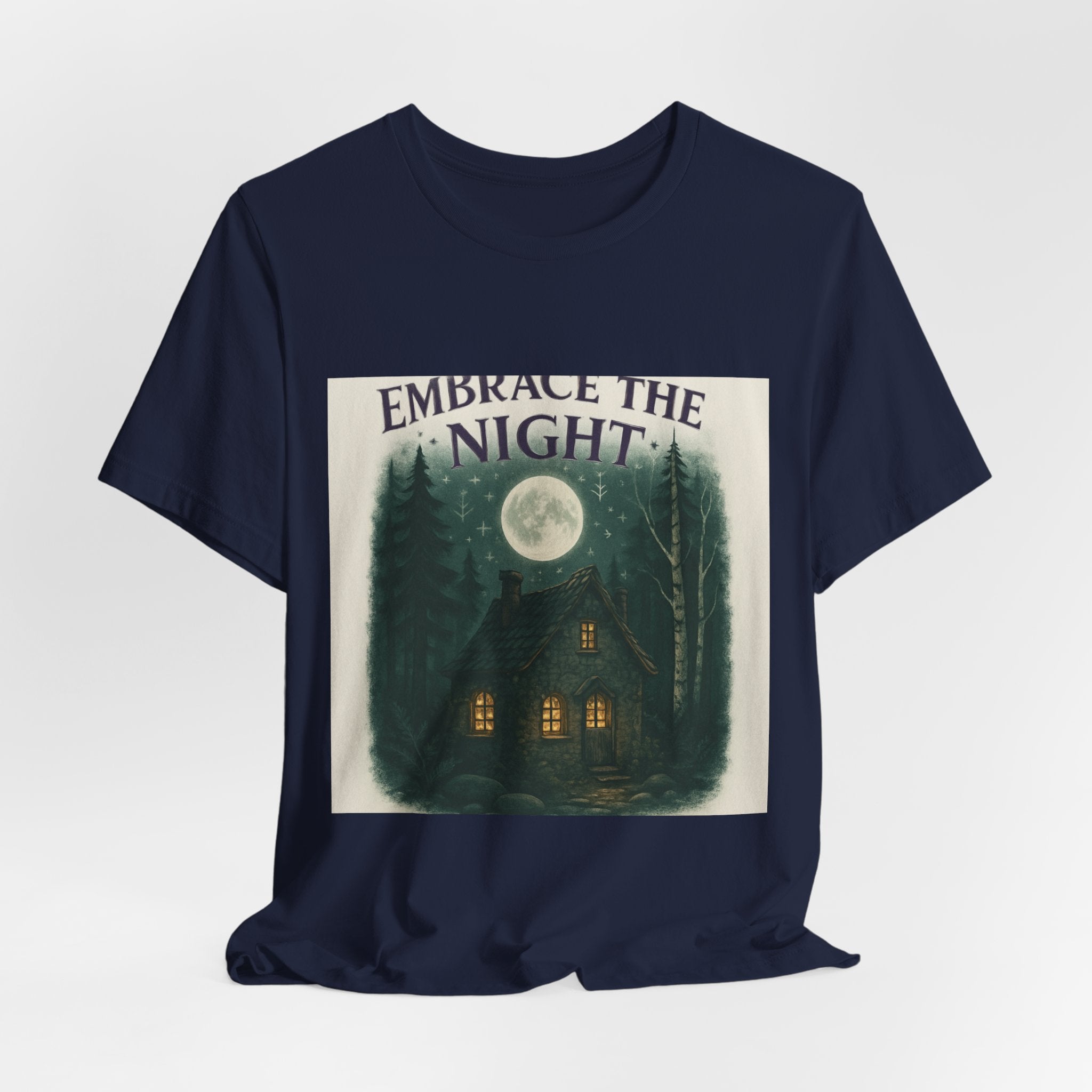 Embrace the Night Tee — Moonlit Cabin Graphic T-Shirt