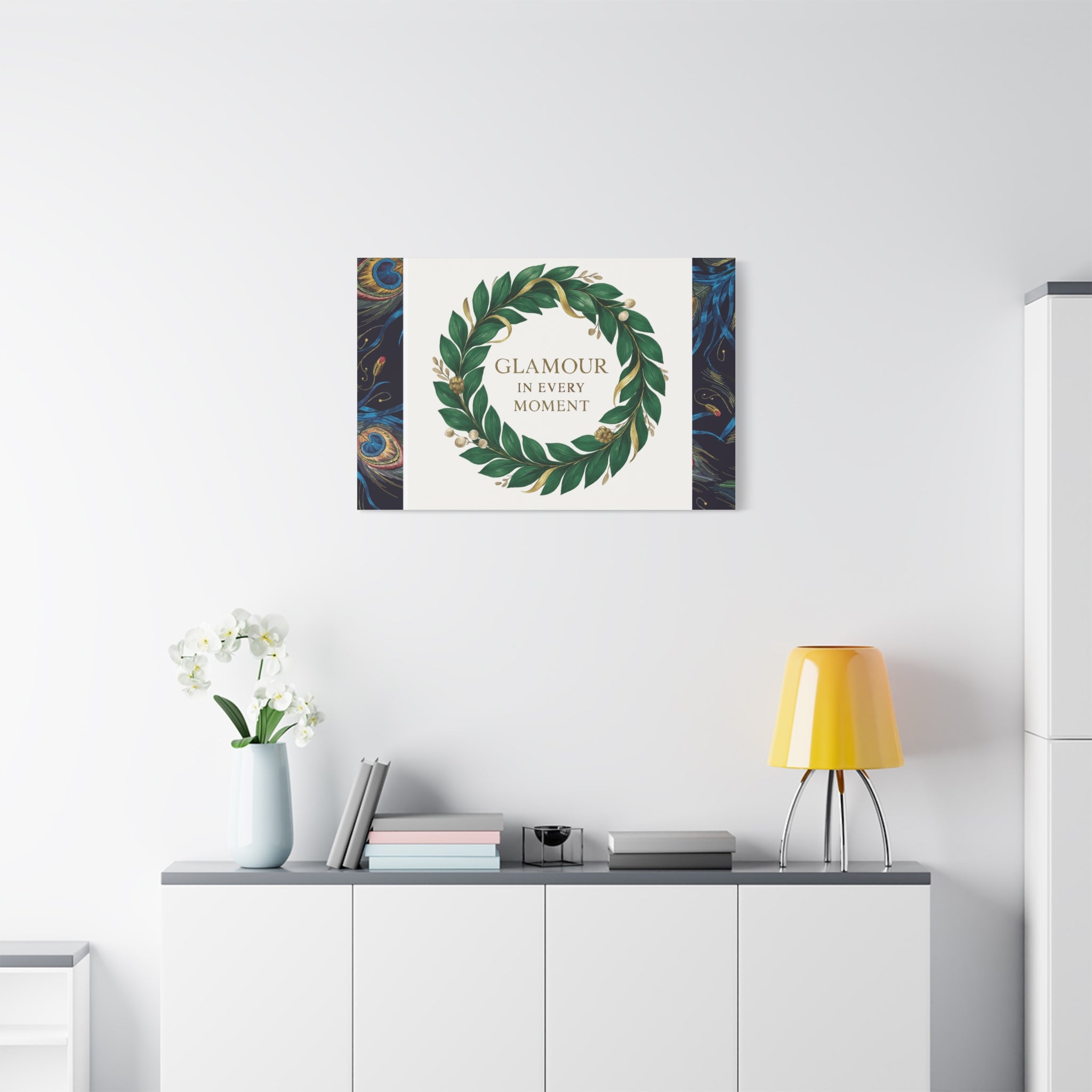 Canvas Wall Art - 'Glamour in Every Moment' Green Laurel Wreath