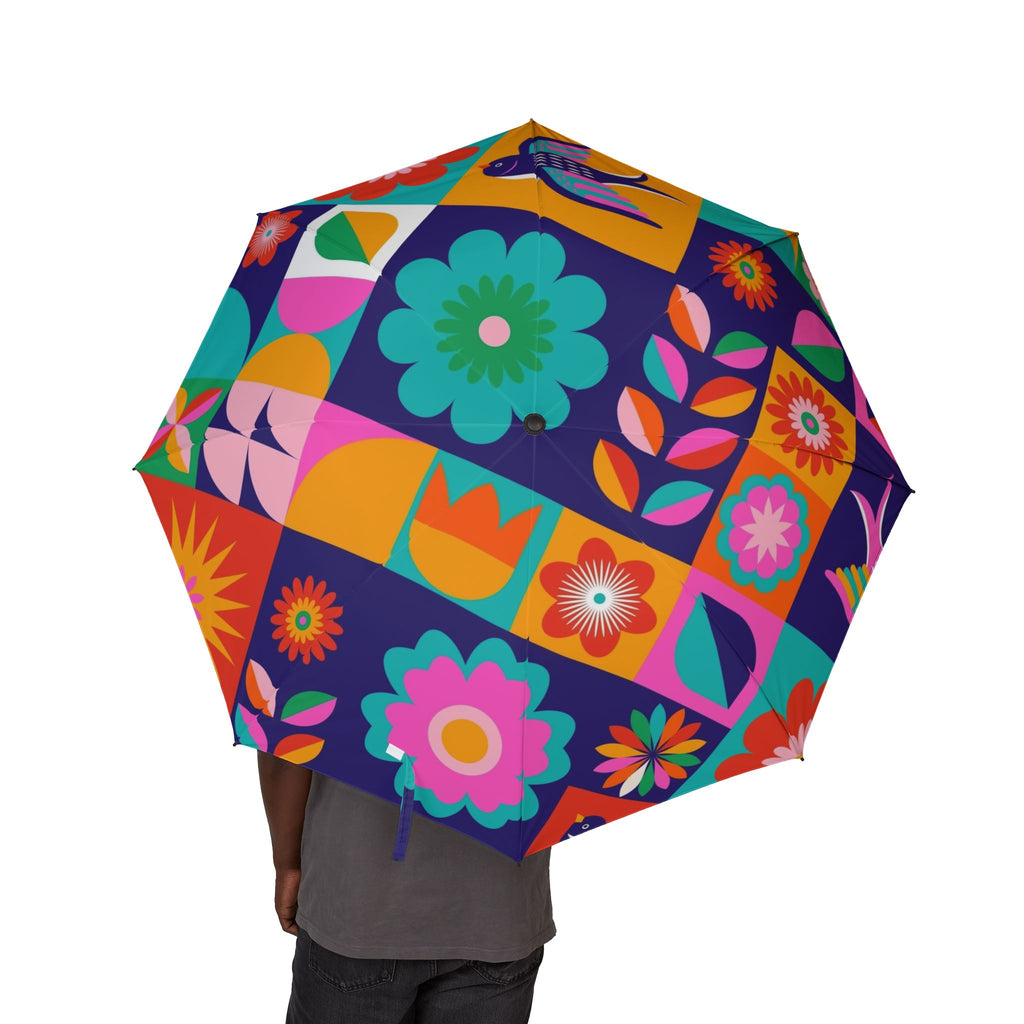 Foldable Umbrella — Colorful Retro Floral & Bird Print, Compact Semi-Automatic Travel Umbrella