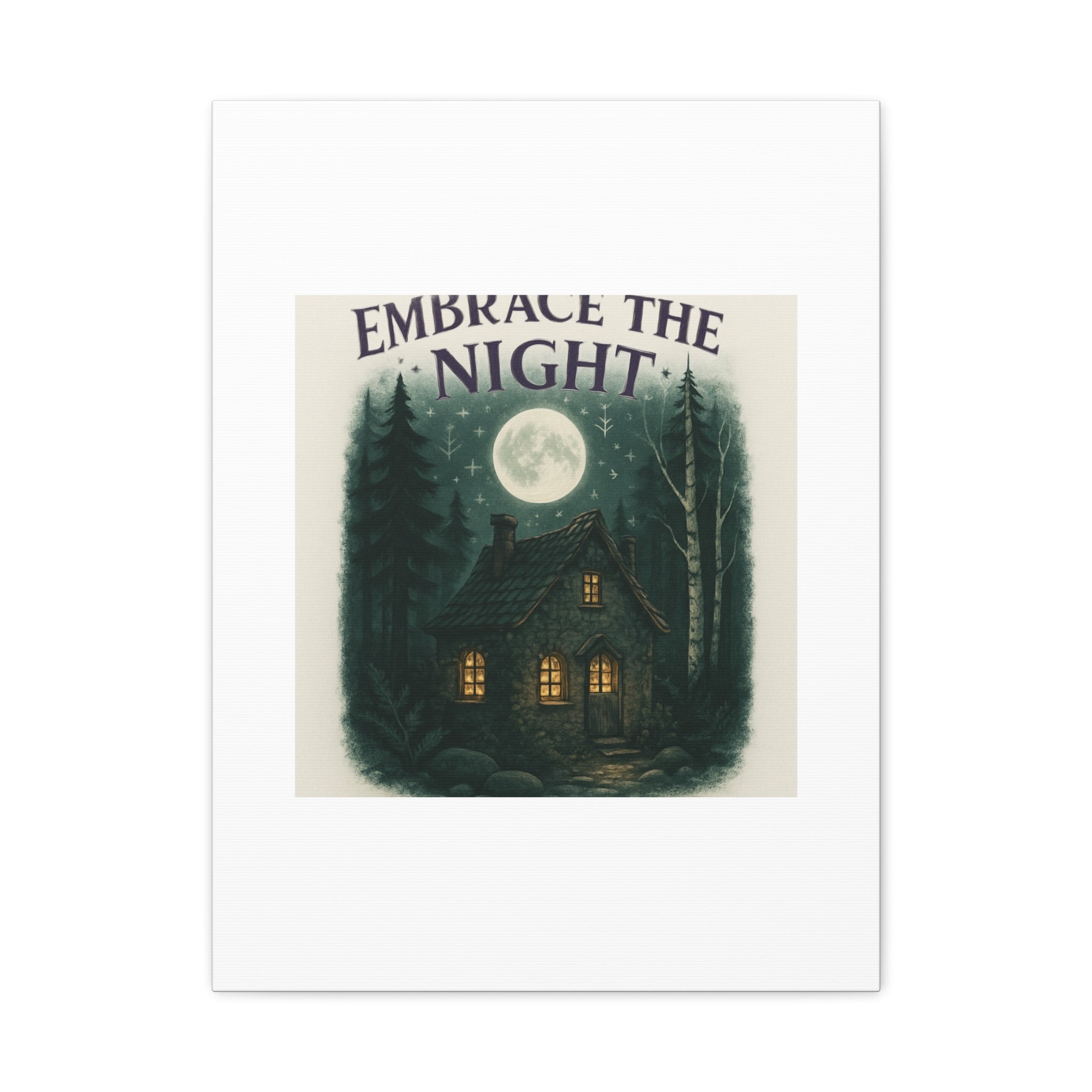 Embrace the Night Cottage Canvas Print — Moonlit Forest Wall Art