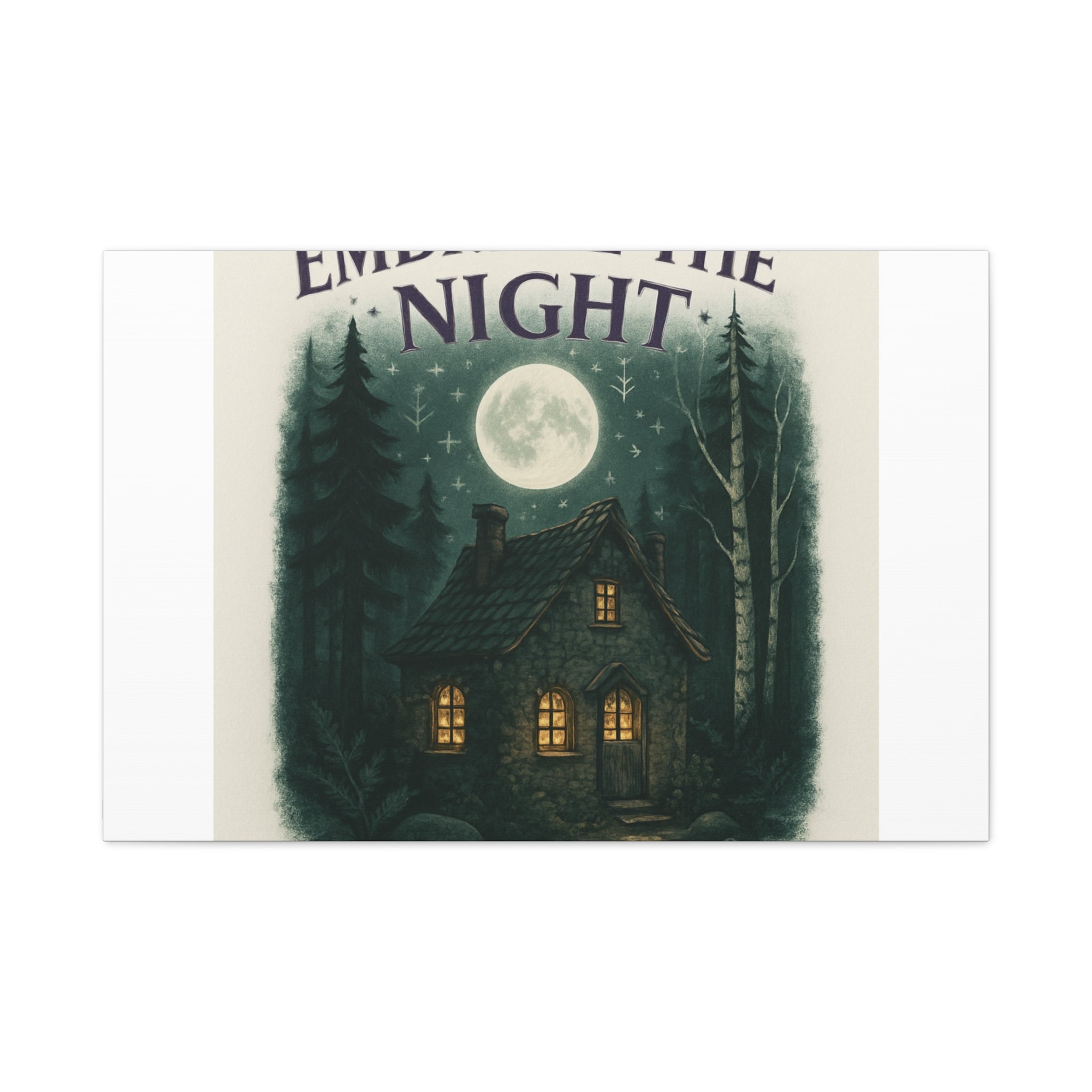 Embrace the Night Cottage Canvas Print — Moonlit Forest Wall Art