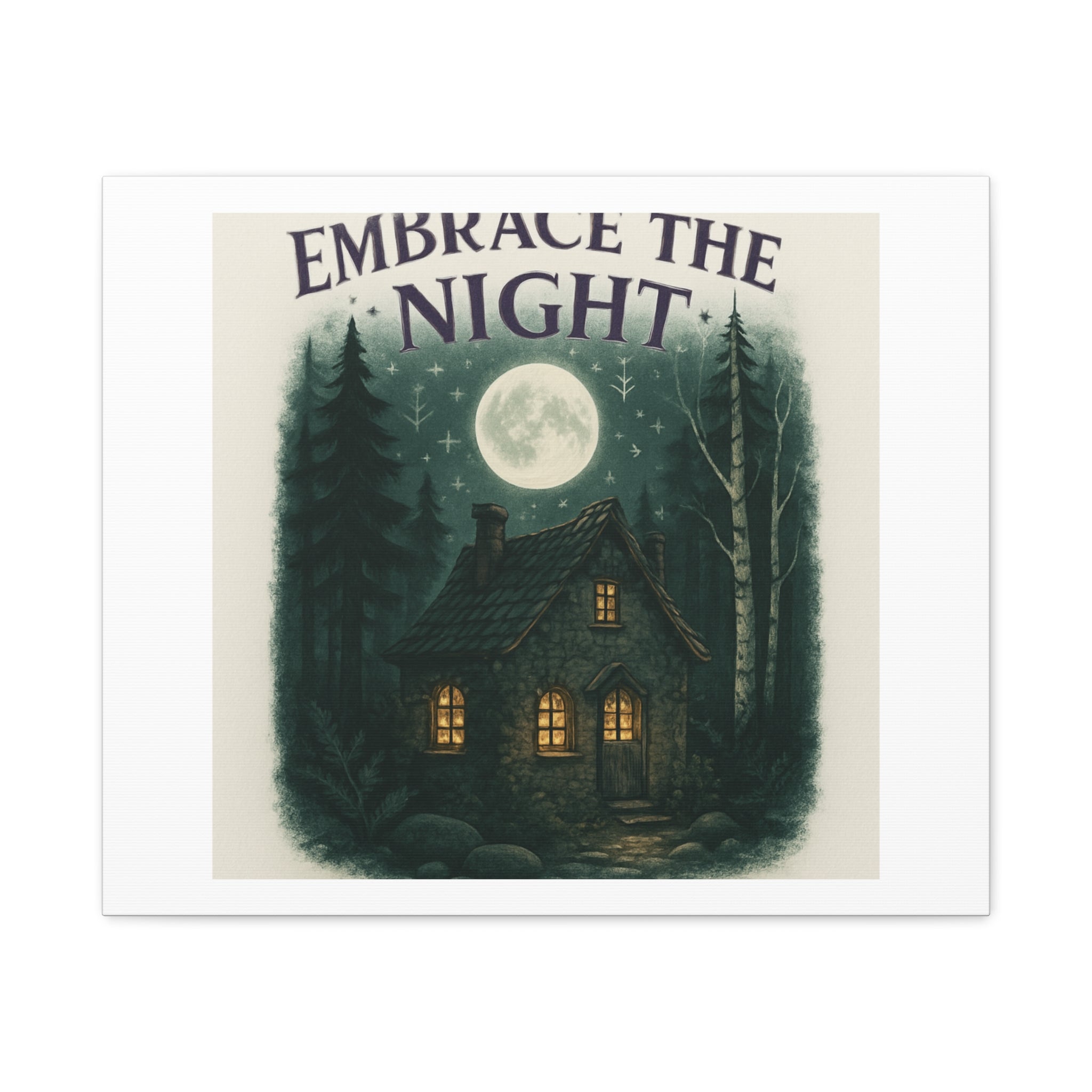 Embrace the Night Cottage Canvas Print — Moonlit Forest Wall Art