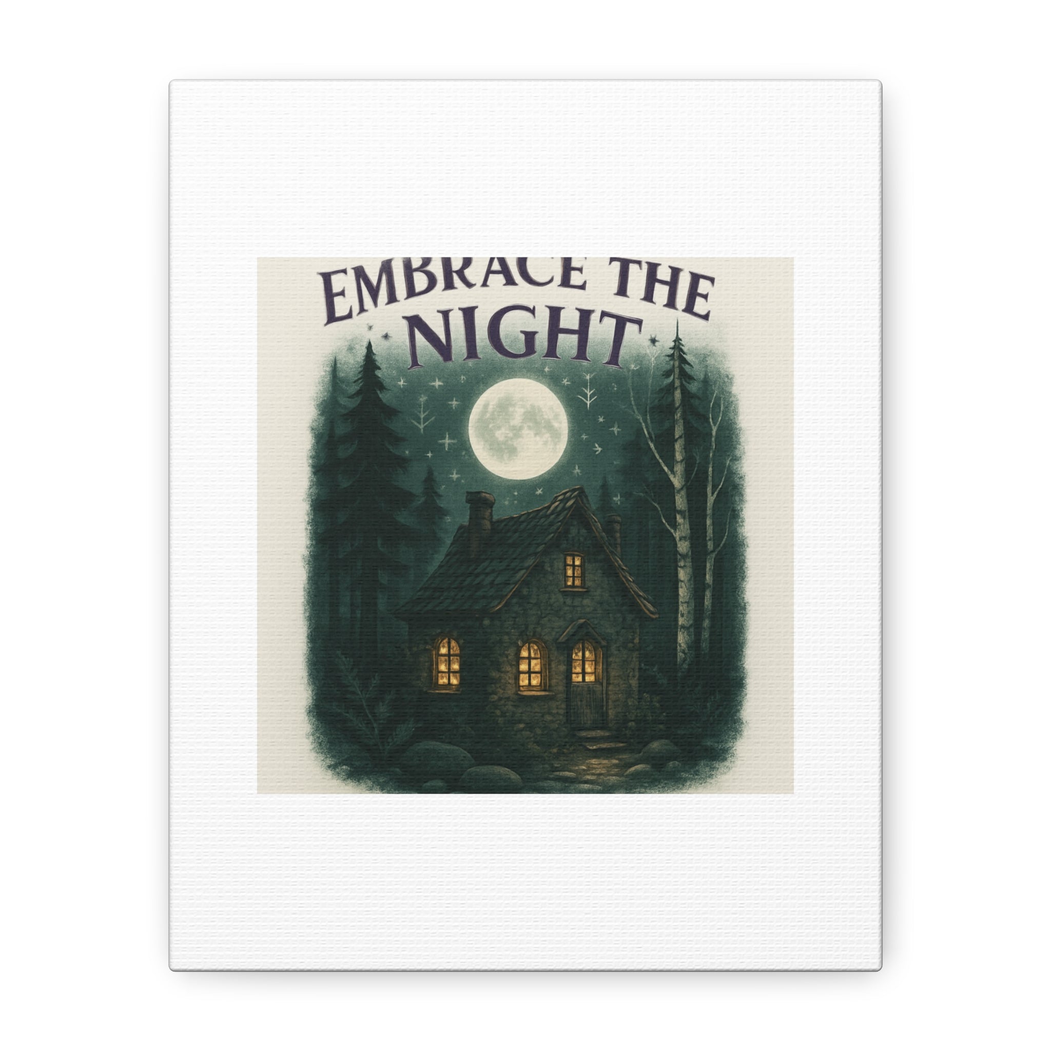 Embrace the Night Cottage Canvas Print — Moonlit Forest Wall Art
