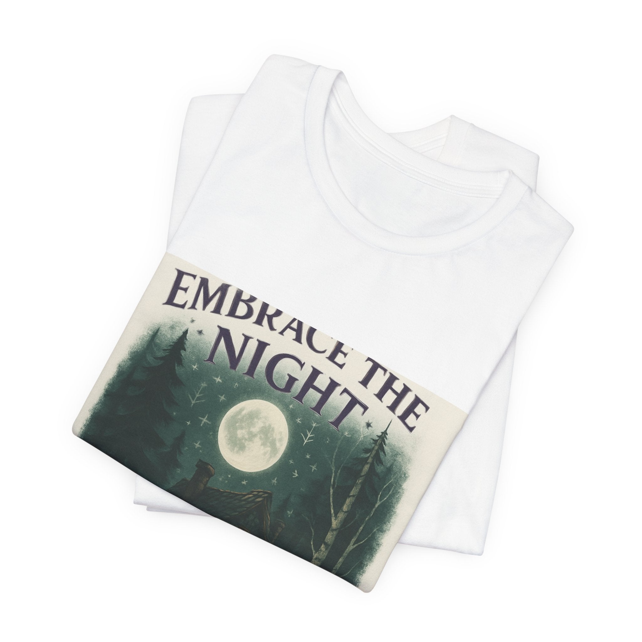 Embrace the Night Tee — Moonlit Cabin Graphic T-Shirt