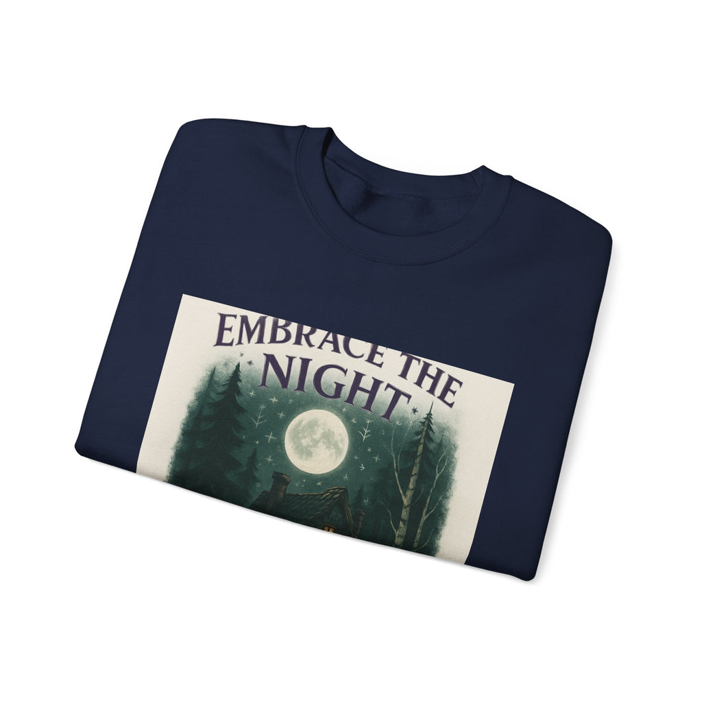 Embrace the Night Sweatshirt - Moonlit Cabin Forest Cozy Crewneck