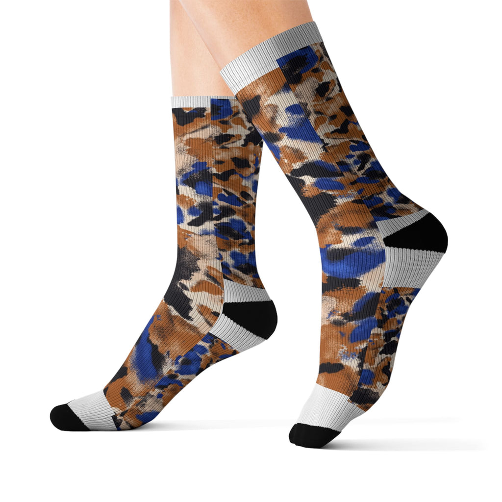 Camo Abstract Sublimation Socks — Blue & Brown Patterned Crew Socks