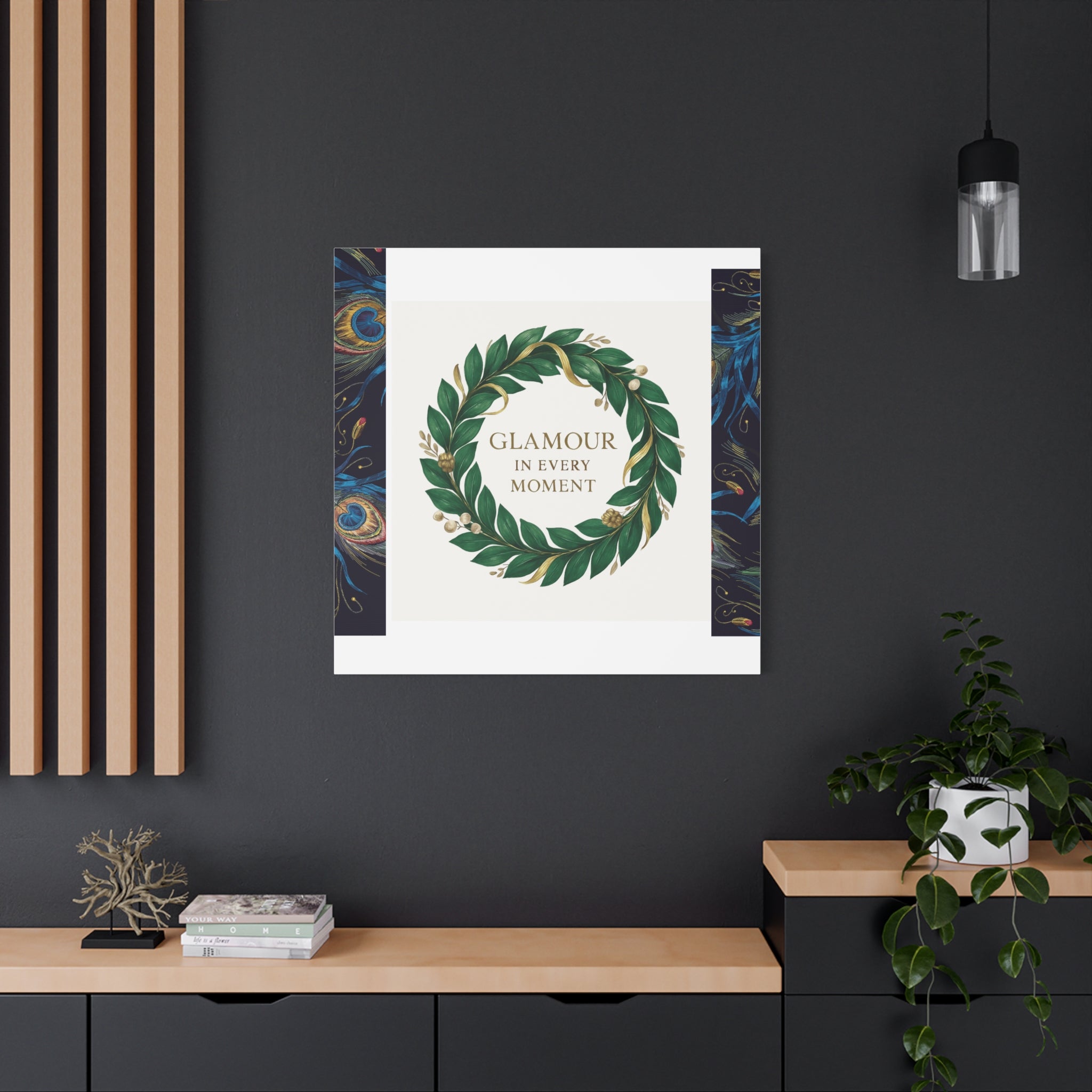 Canvas Wall Art - 'Glamour in Every Moment' Green Laurel Wreath