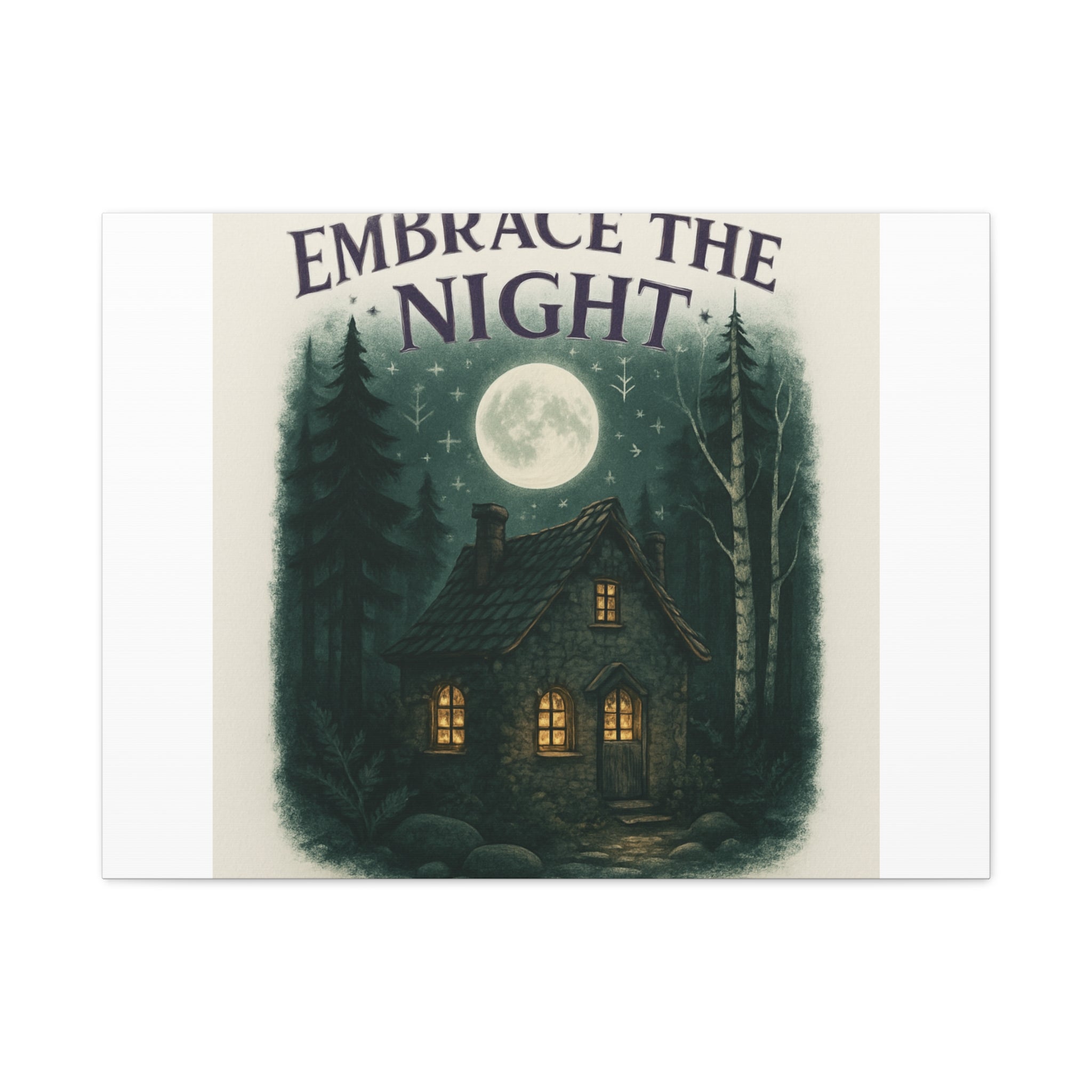 Embrace the Night Cottage Canvas Print — Moonlit Forest Wall Art