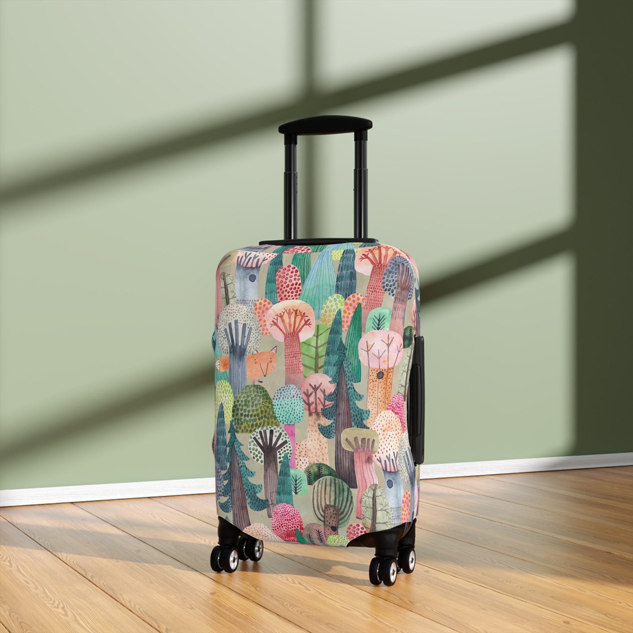 Colorful Forest Pattern Luggage Cover — Whimsical Trees & Fox Travel Protector
