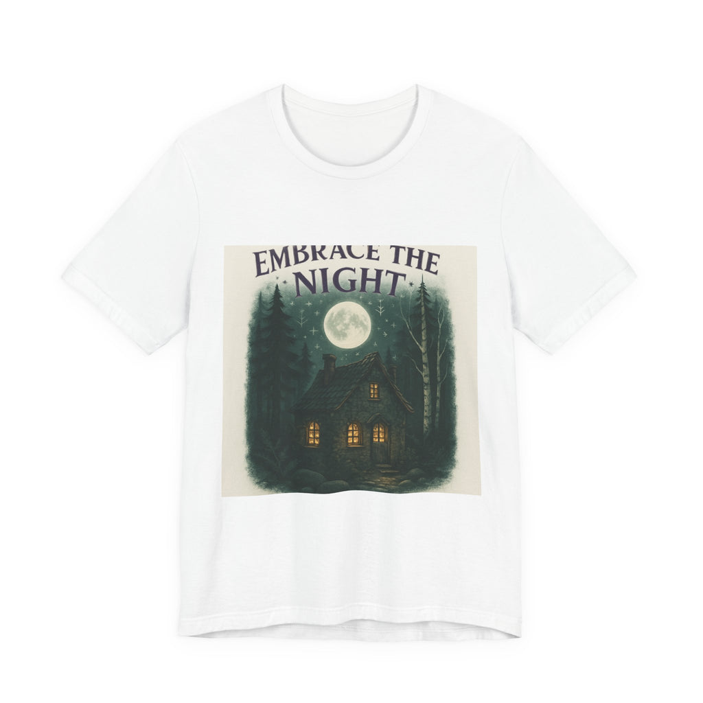 Embrace the Night Tee — Moonlit Cabin Graphic T-Shirt