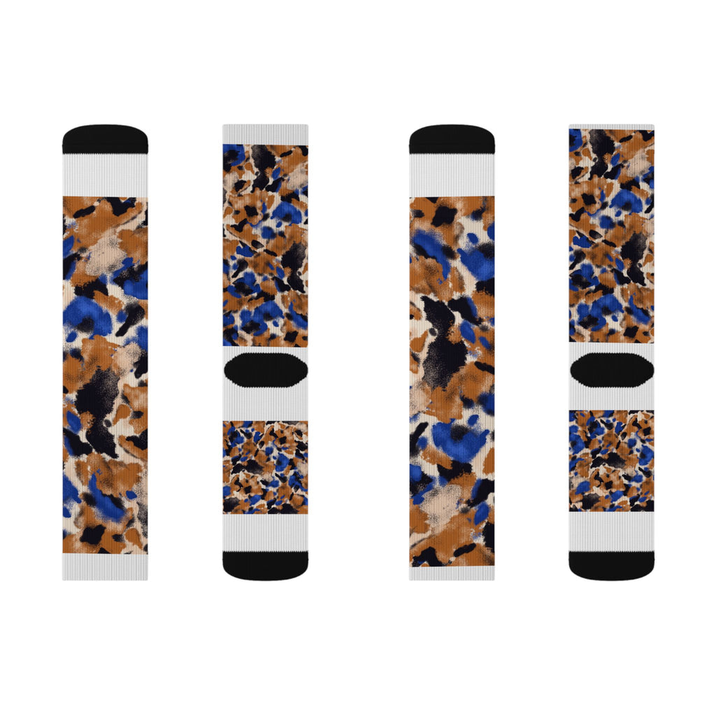 Camo Abstract Sublimation Socks — Blue & Brown Patterned Crew Socks