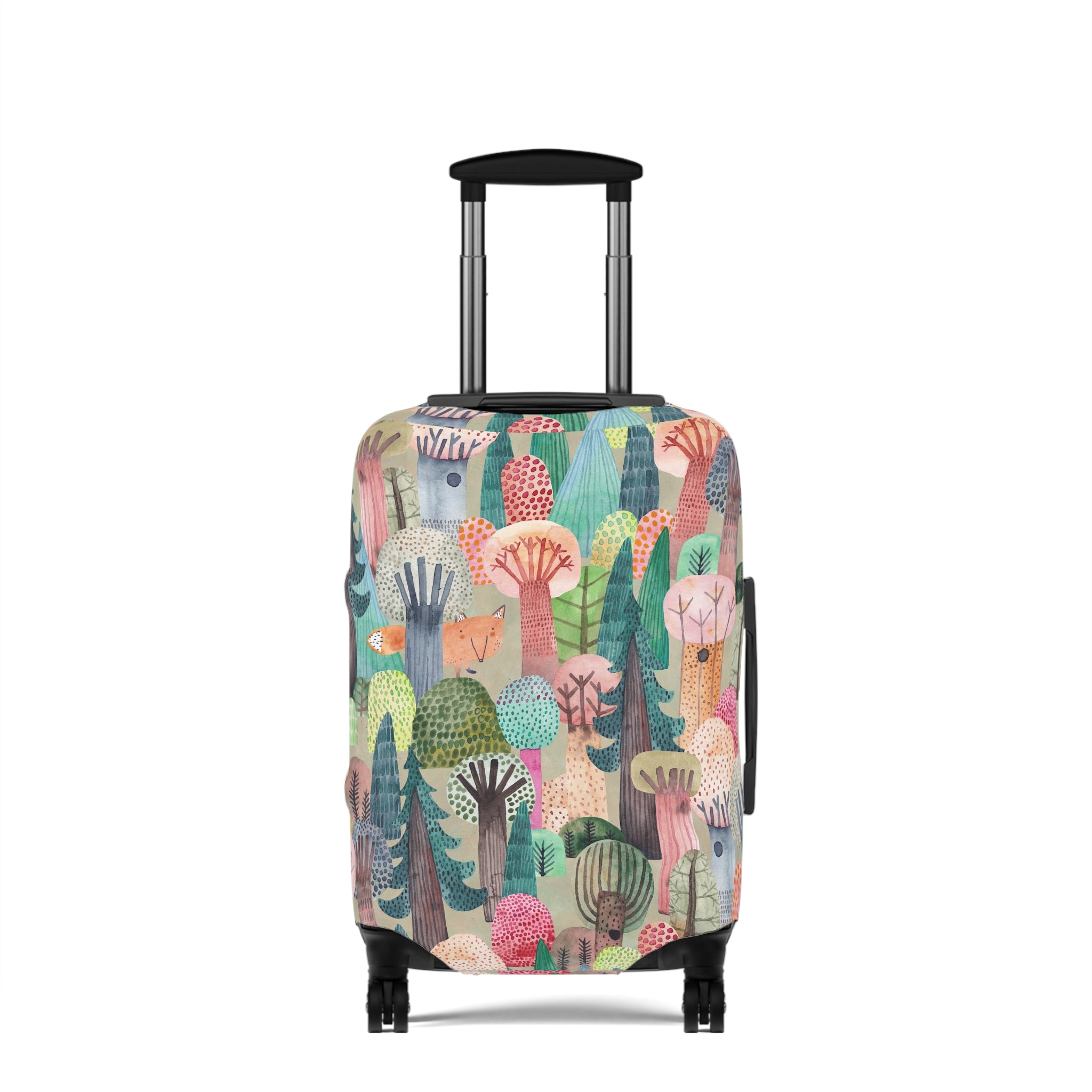 Colorful Forest Pattern Luggage Cover — Whimsical Trees & Fox Travel Protector