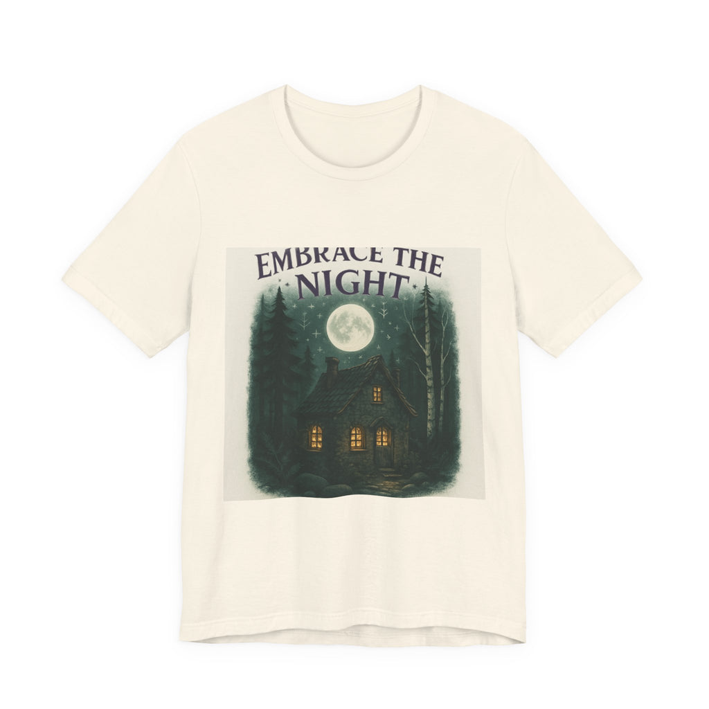 Embrace the Night Tee — Moonlit Cabin Graphic T-Shirt