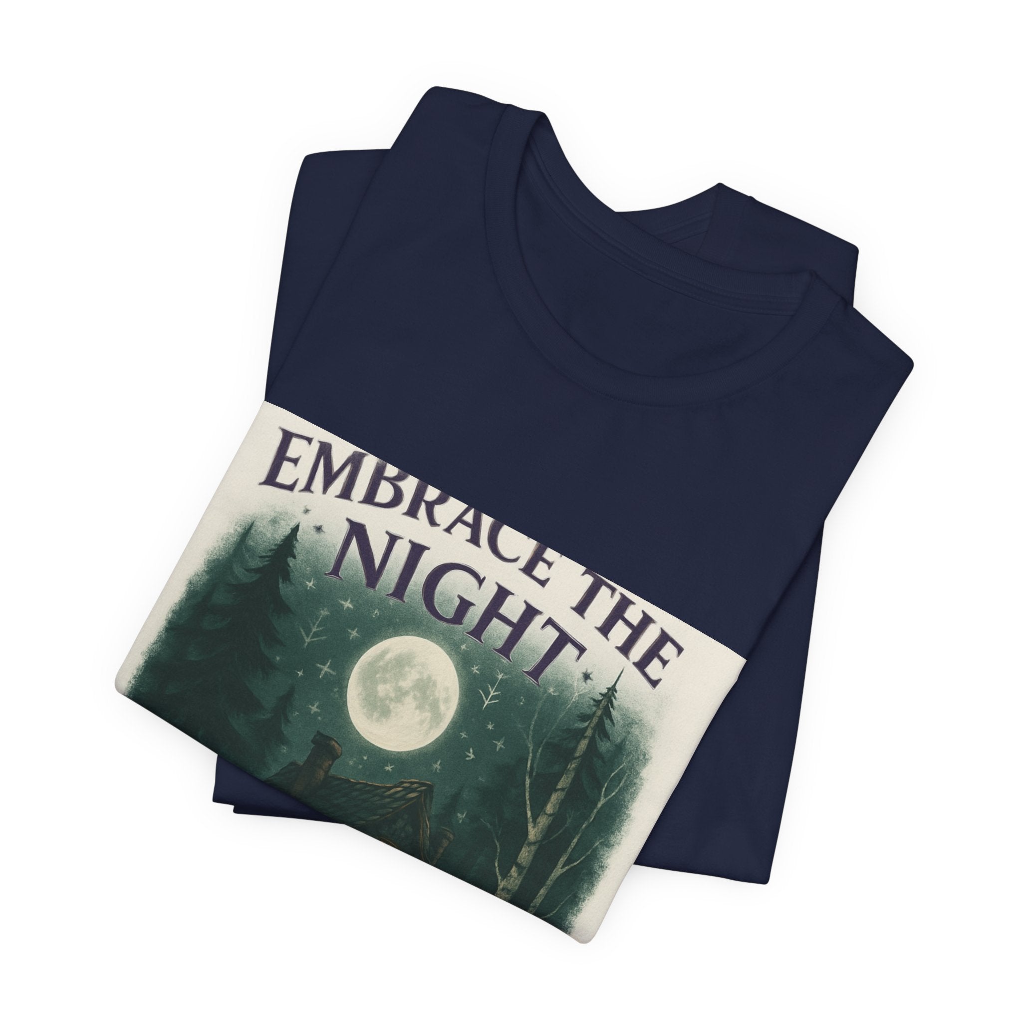Embrace the Night Tee — Moonlit Cabin Graphic T-Shirt