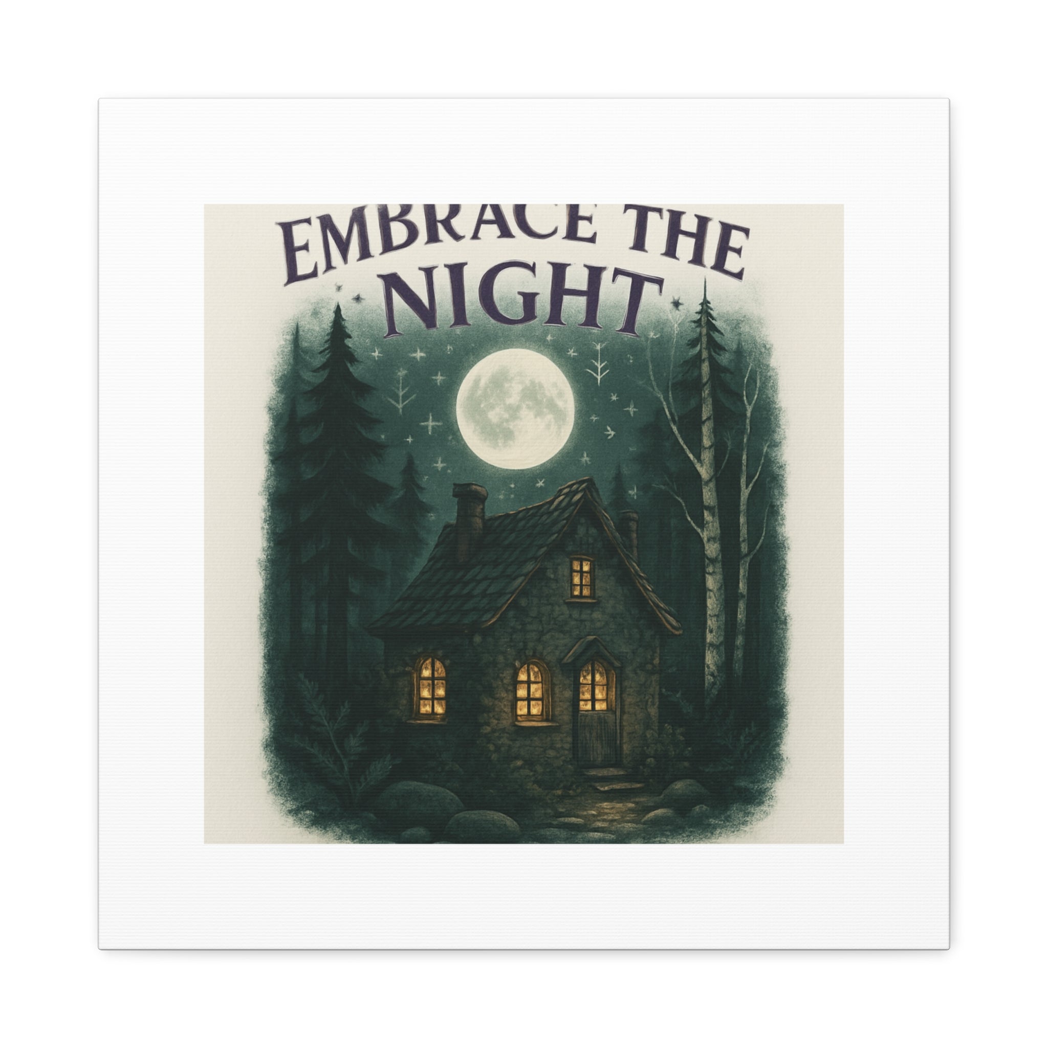 Embrace the Night Cottage Canvas Print — Moonlit Forest Wall Art