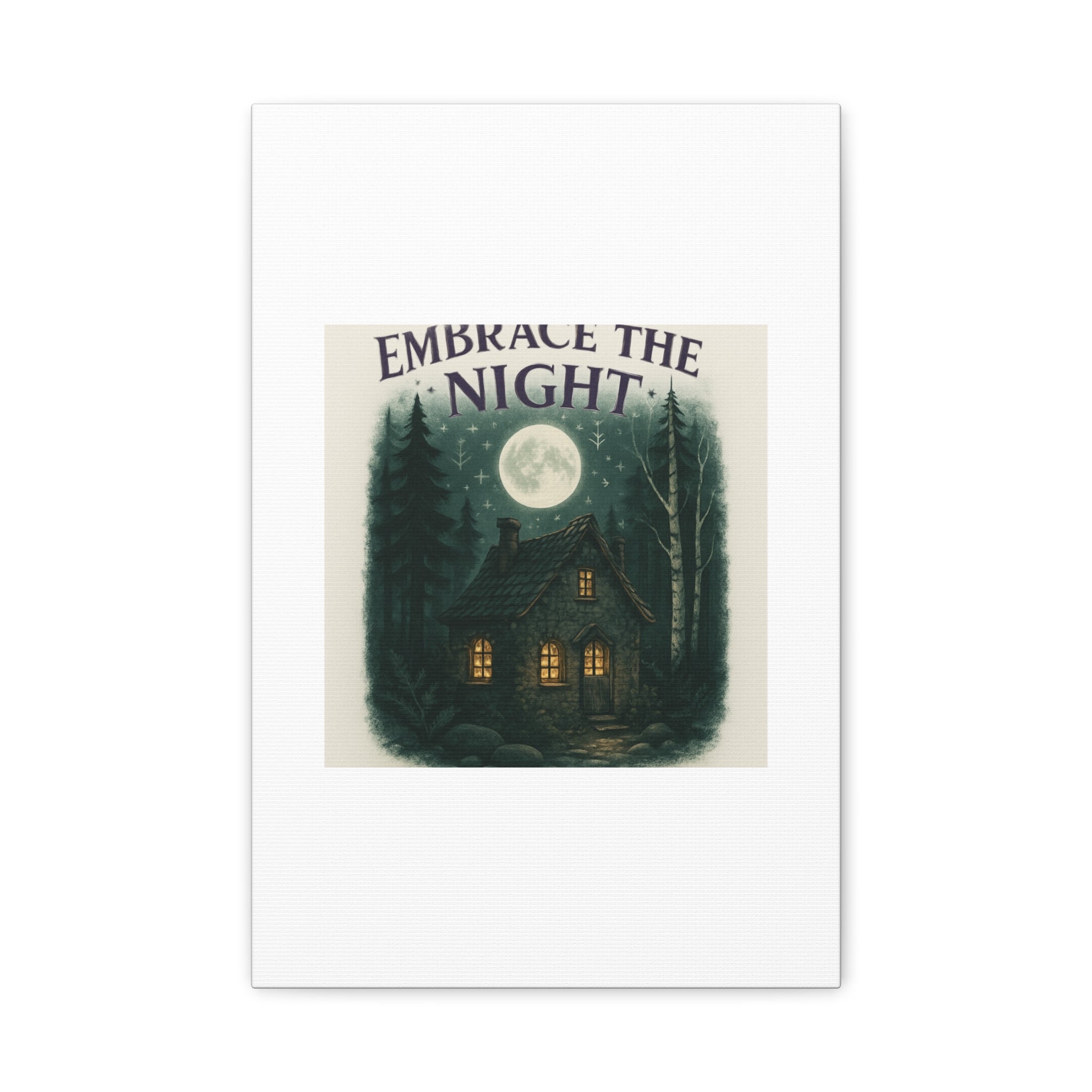 Embrace the Night Cottage Canvas Print — Moonlit Forest Wall Art