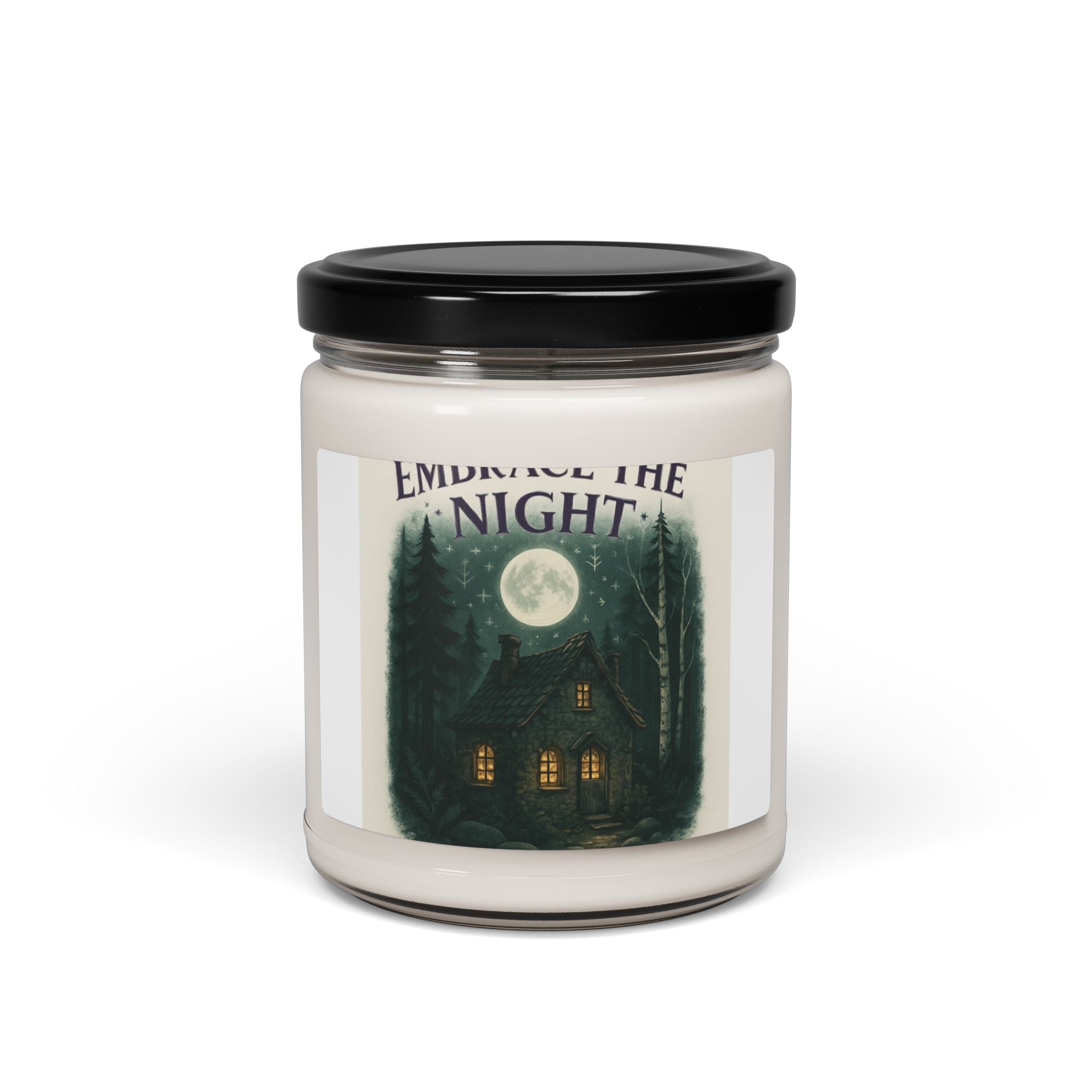 Embrace the Night Soy Candle — 9oz Scented Jar Candle with Moonlit Cabin Label