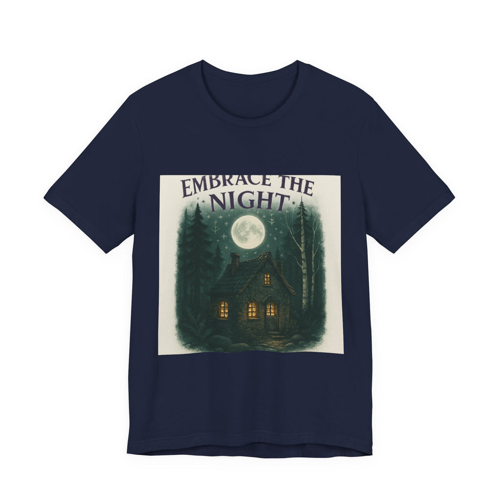 Embrace the Night Tee — Moonlit Cabin Graphic T-Shirt