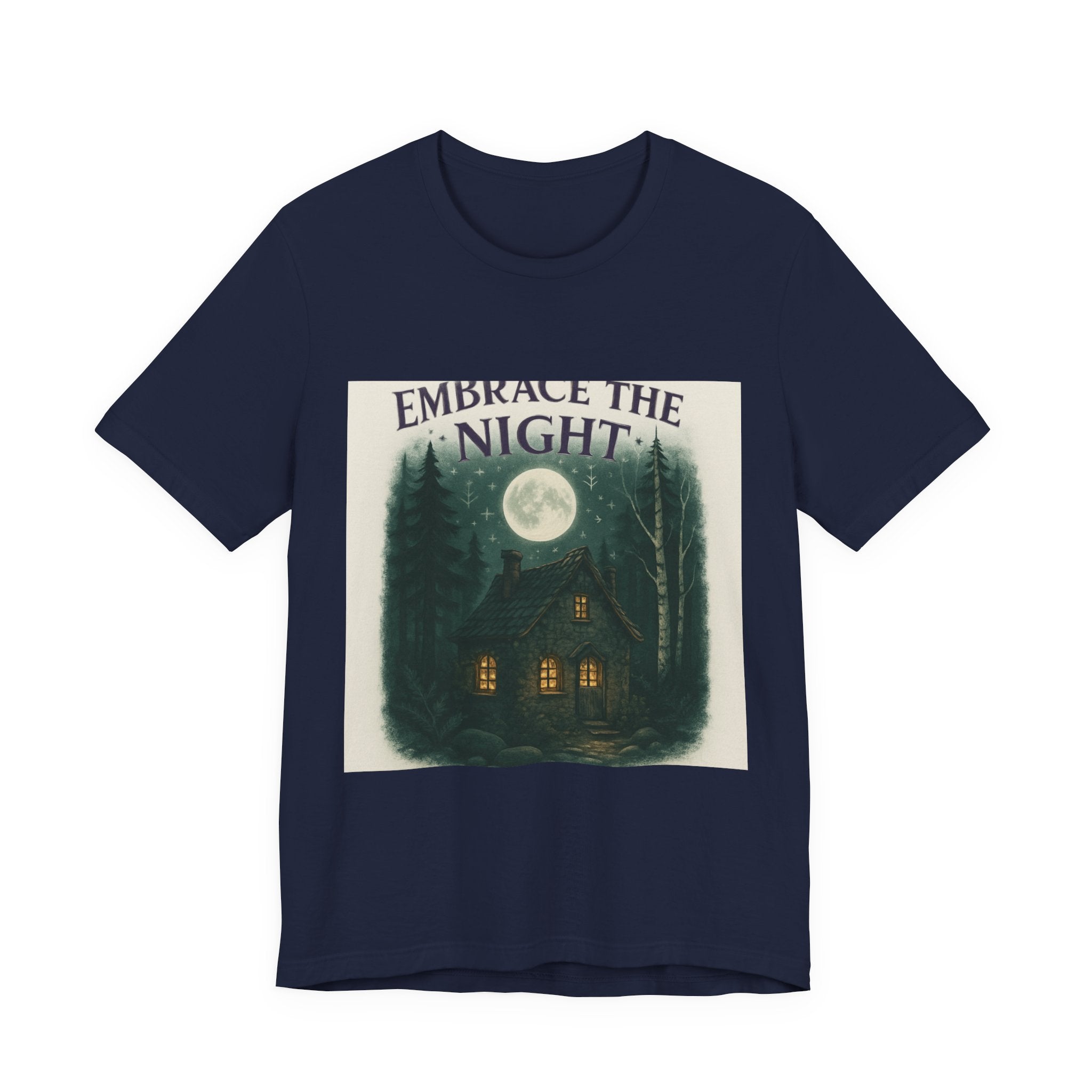 Embrace the Night Tee — Moonlit Cabin Graphic T-Shirt