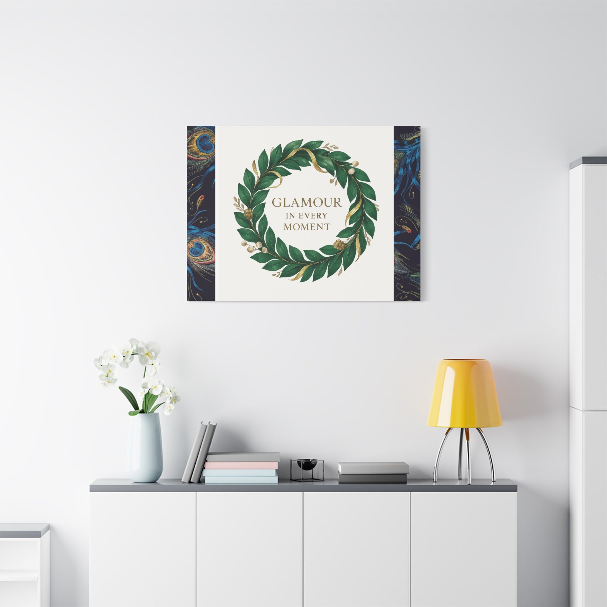 Canvas Wall Art - 'Glamour in Every Moment' Green Laurel Wreath