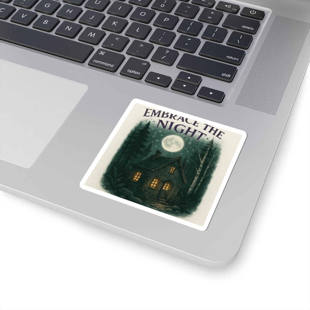 Embrace the Night Sticker — Moonlit Cabin Kiss-Cut Sticker