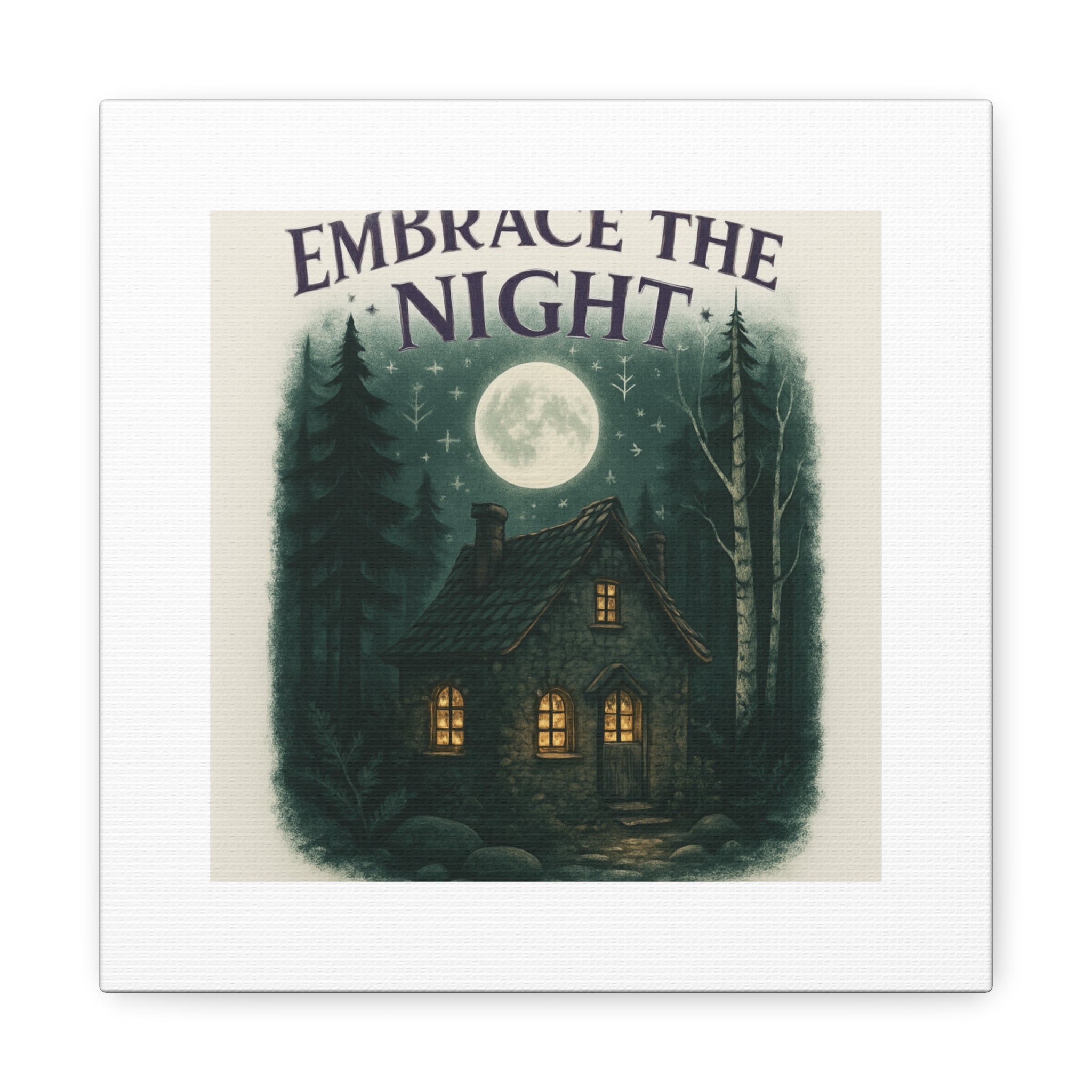 Embrace the Night Cottage Canvas Print — Moonlit Forest Wall Art
