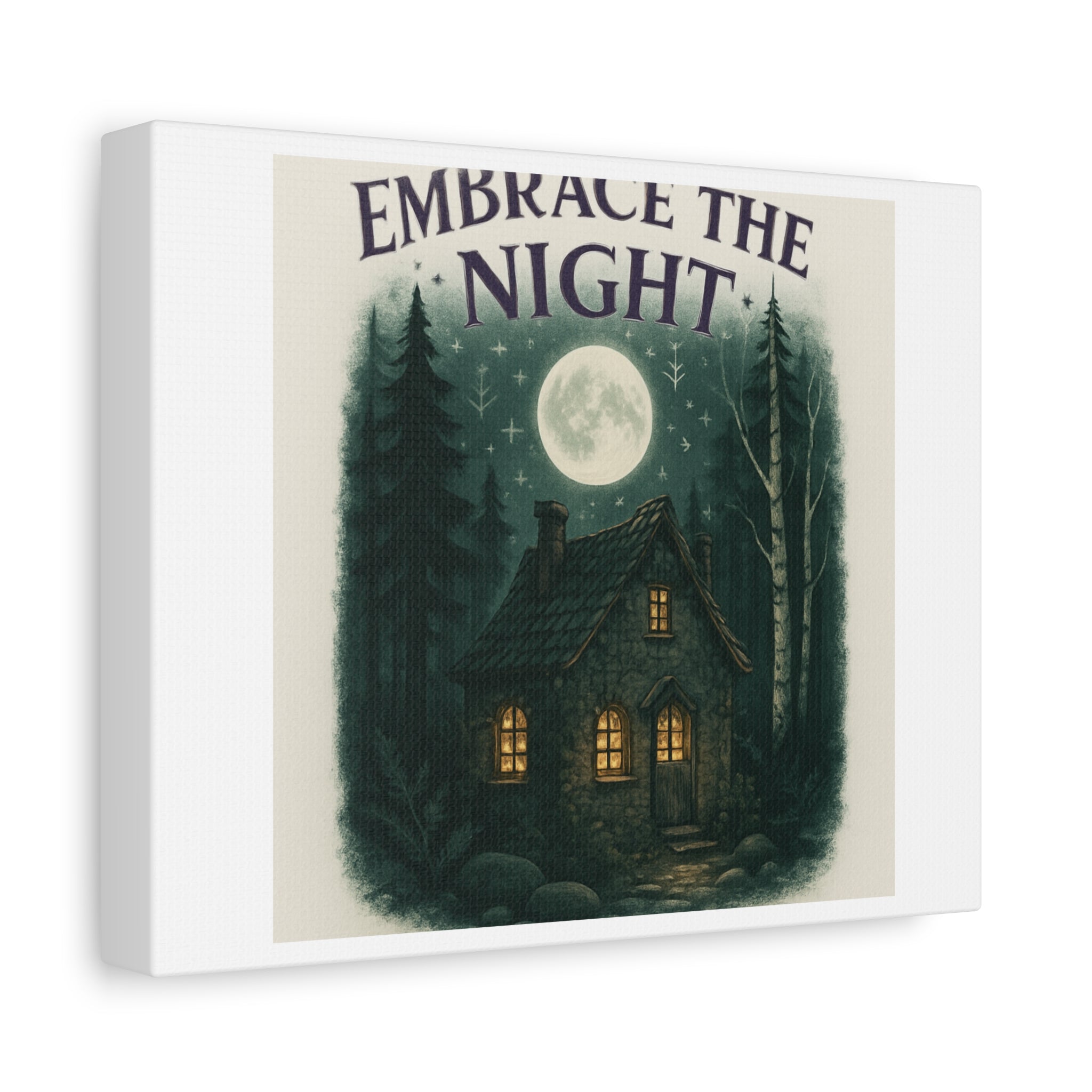 Embrace the Night Cottage Canvas Print — Moonlit Forest Wall Art