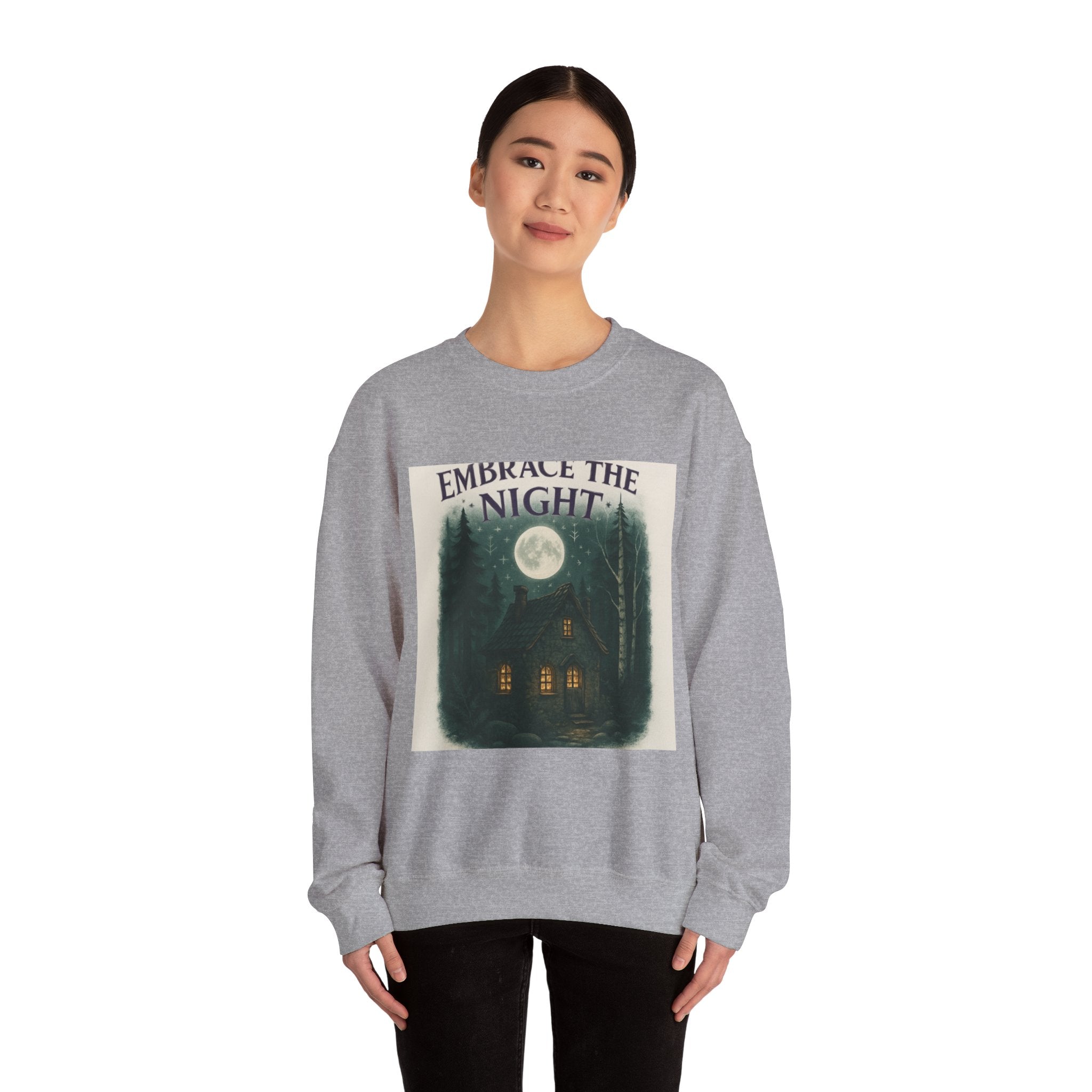 Embrace the Night Sweatshirt - Moonlit Cabin Forest Cozy Crewneck