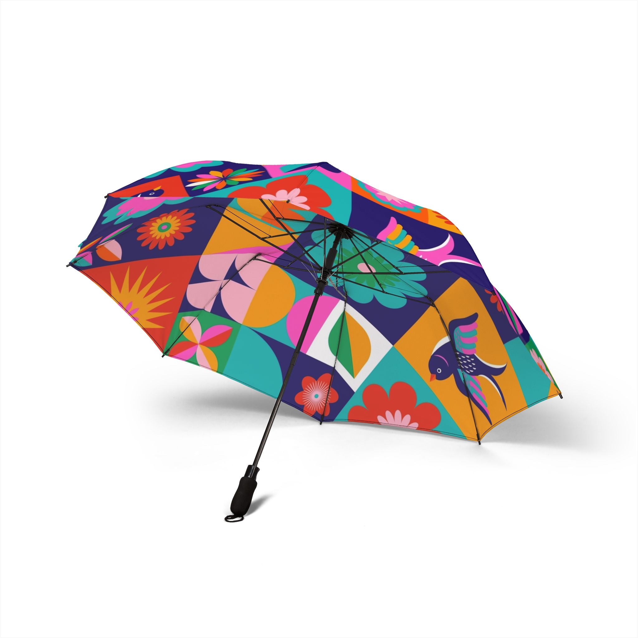 Foldable Umbrella — Colorful Retro Floral & Bird Print, Compact Semi-Automatic Travel Umbrella