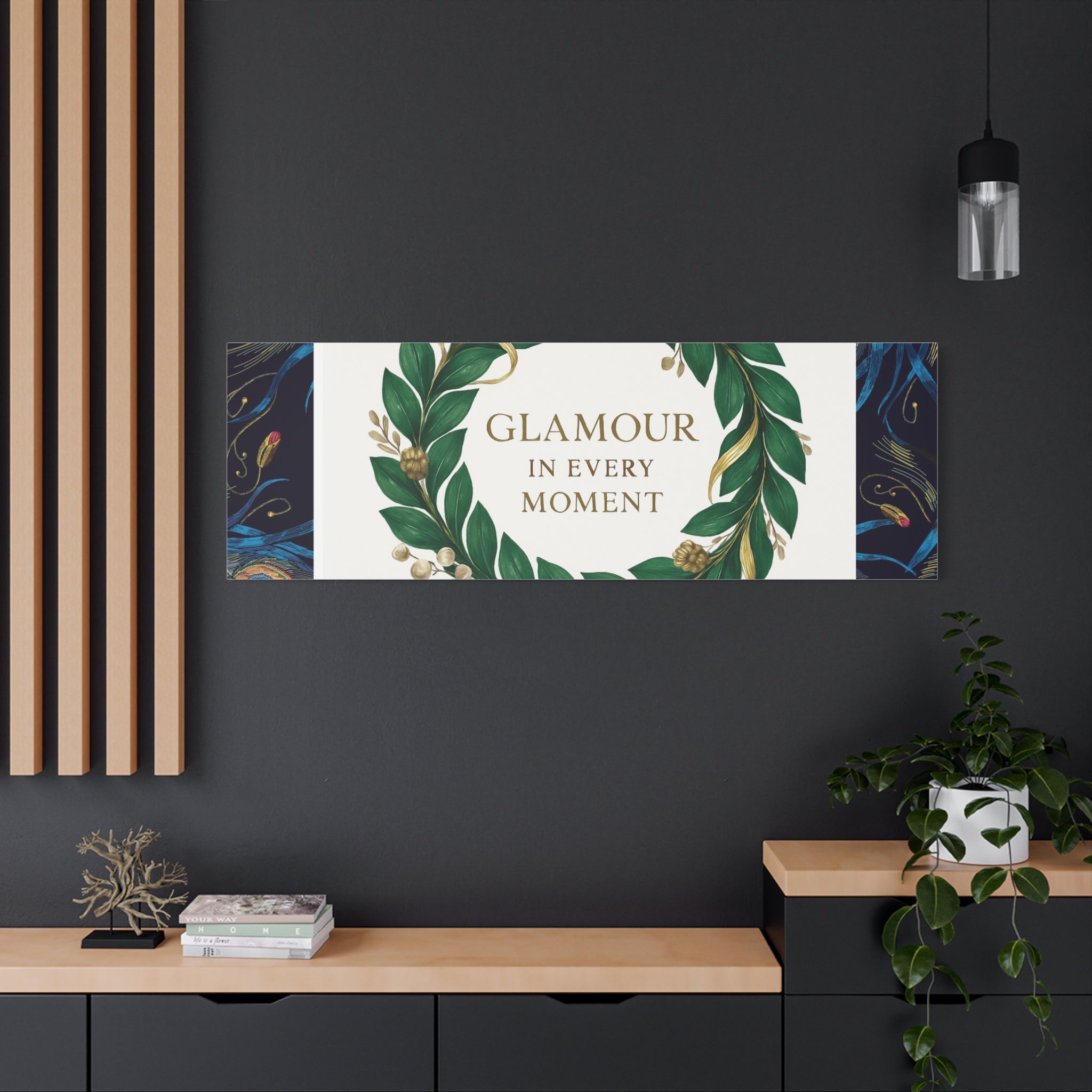 Canvas Wall Art - 'Glamour in Every Moment' Green Laurel Wreath