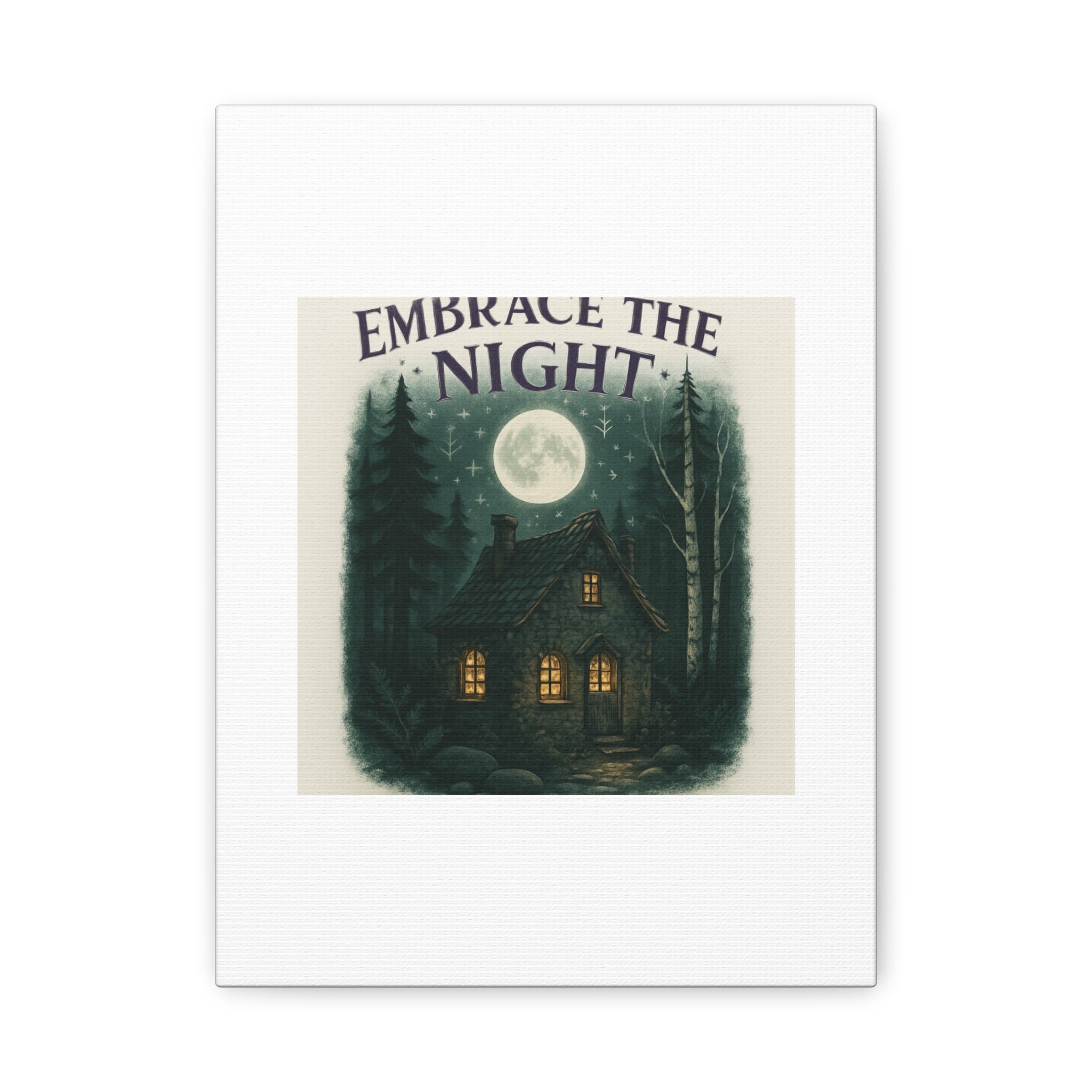 Embrace the Night Cottage Canvas Print — Moonlit Forest Wall Art