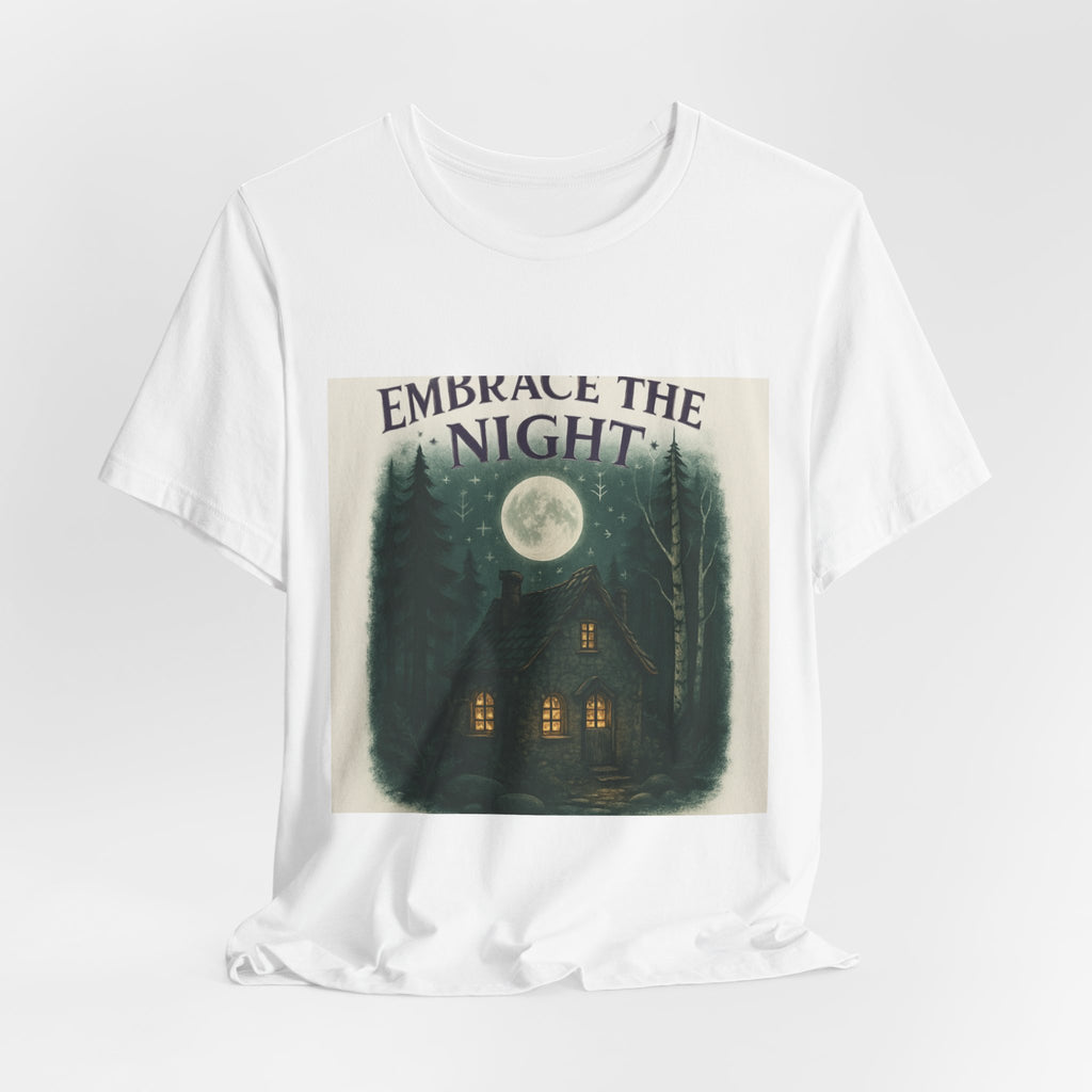 Embrace the Night Tee — Moonlit Cabin Graphic T-Shirt