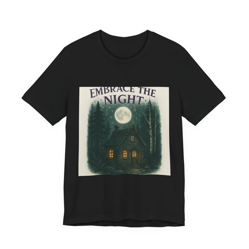 Embrace the Night Tee — Moonlit Cabin Graphic T-Shirt