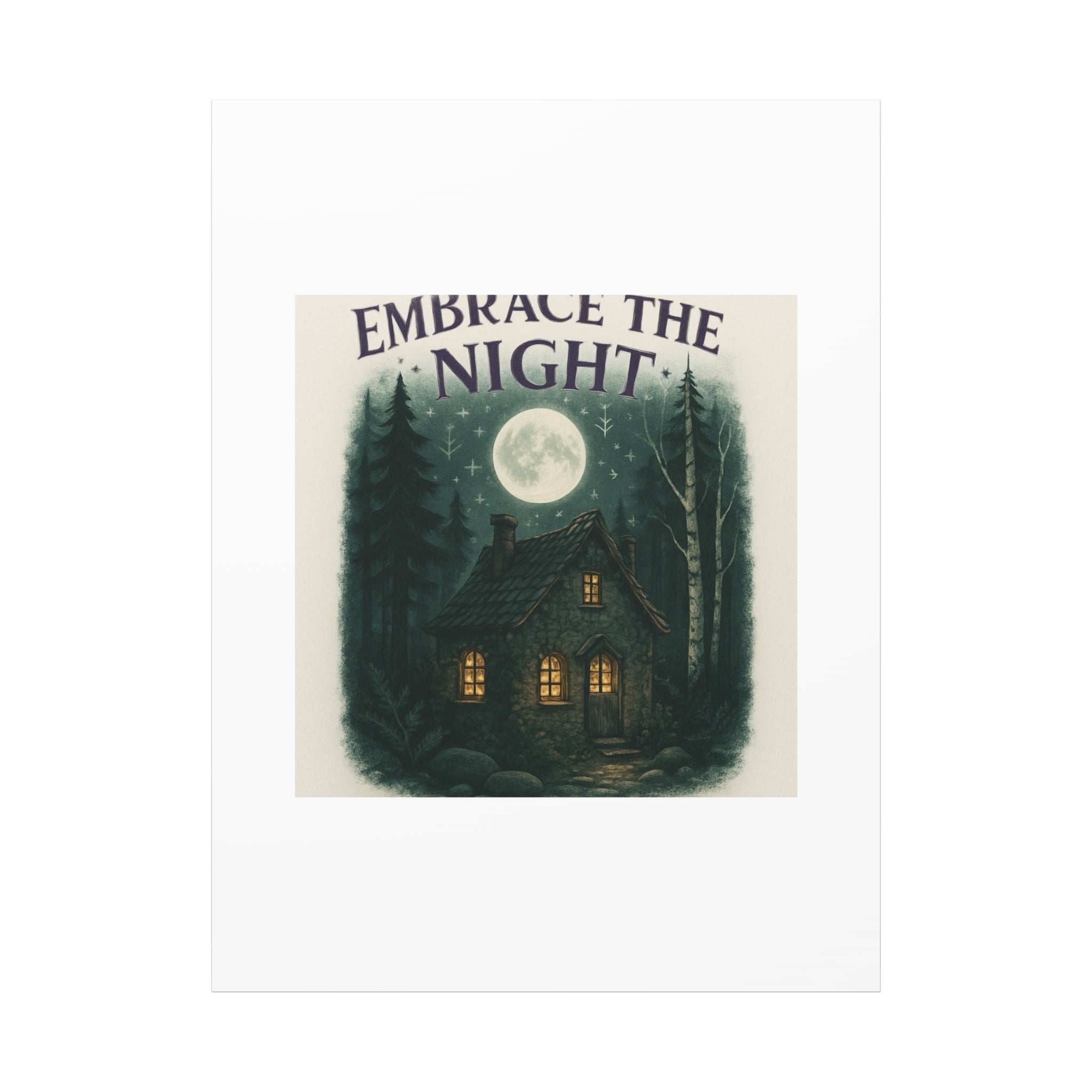 Embrace the Night Cottage Canvas Print — Moonlit Forest Wall Art