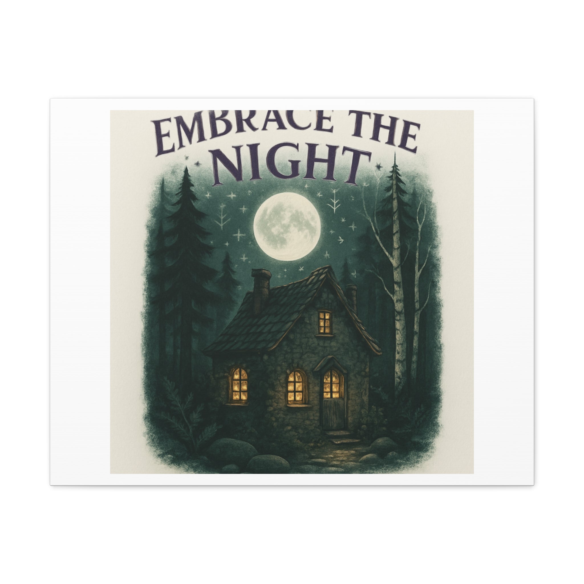Embrace the Night Cottage Canvas Print — Moonlit Forest Wall Art
