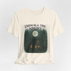 Embrace the Night Tee — Moonlit Cabin Graphic T-Shirt