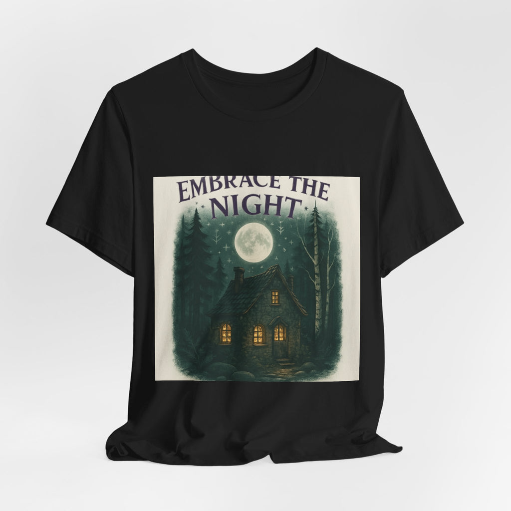 Embrace the Night Tee — Moonlit Cabin Graphic T-Shirt