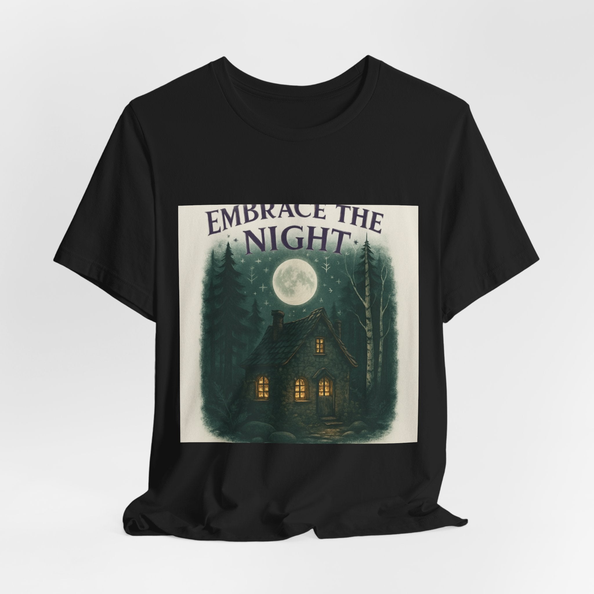 Embrace the Night Tee — Moonlit Cabin Graphic T-Shirt