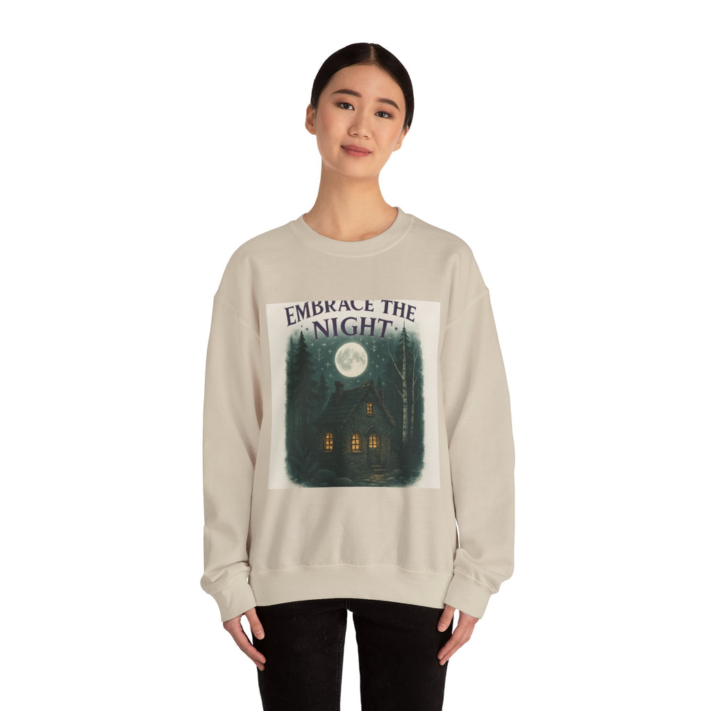 Embrace the Night Sweatshirt - Moonlit Cabin Forest Cozy Crewneck