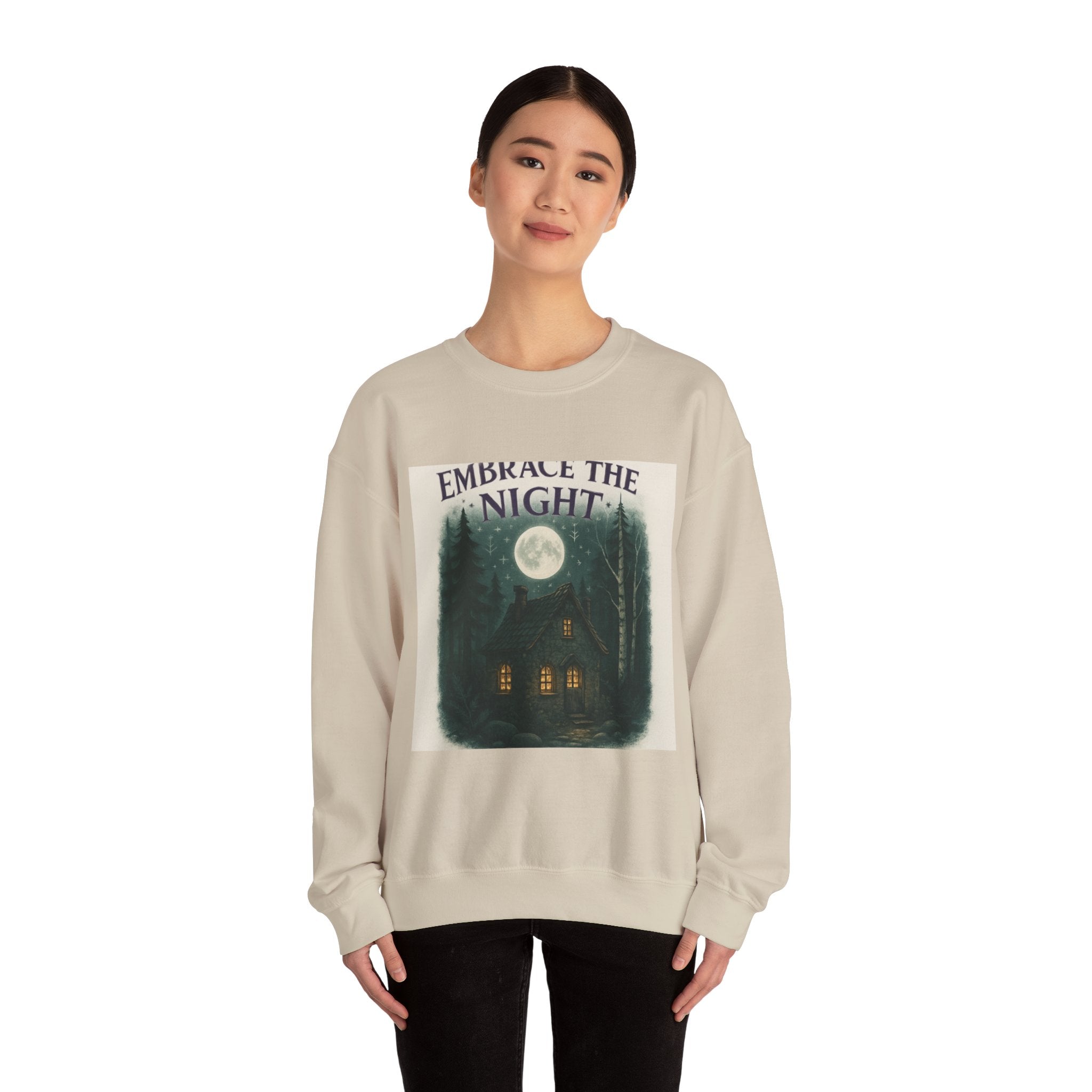 Embrace the Night Sweatshirt - Moonlit Cabin Forest Cozy Crewneck